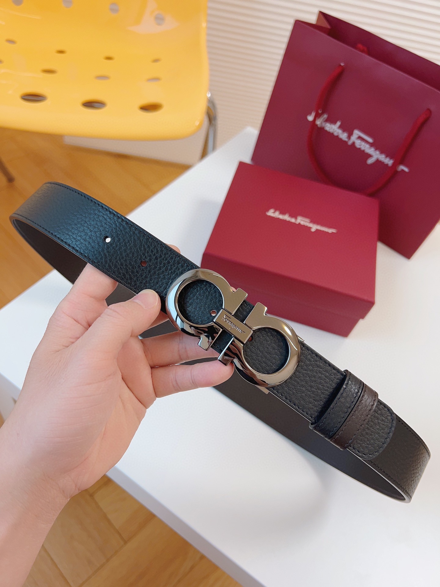 Salvatore Ferragamo Male Leather Belt Cow Leather Adjustable M