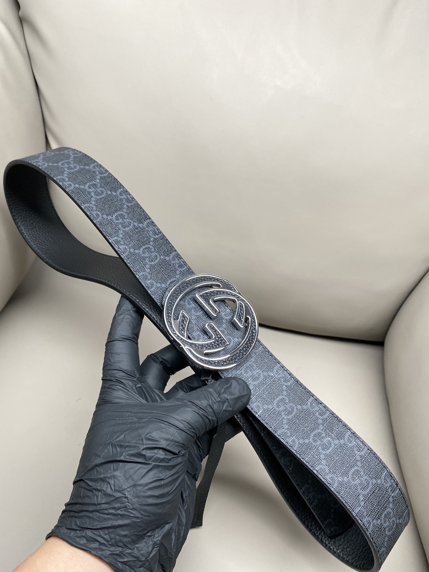 Gucci Canvas Belt Cow Leather Black S-m