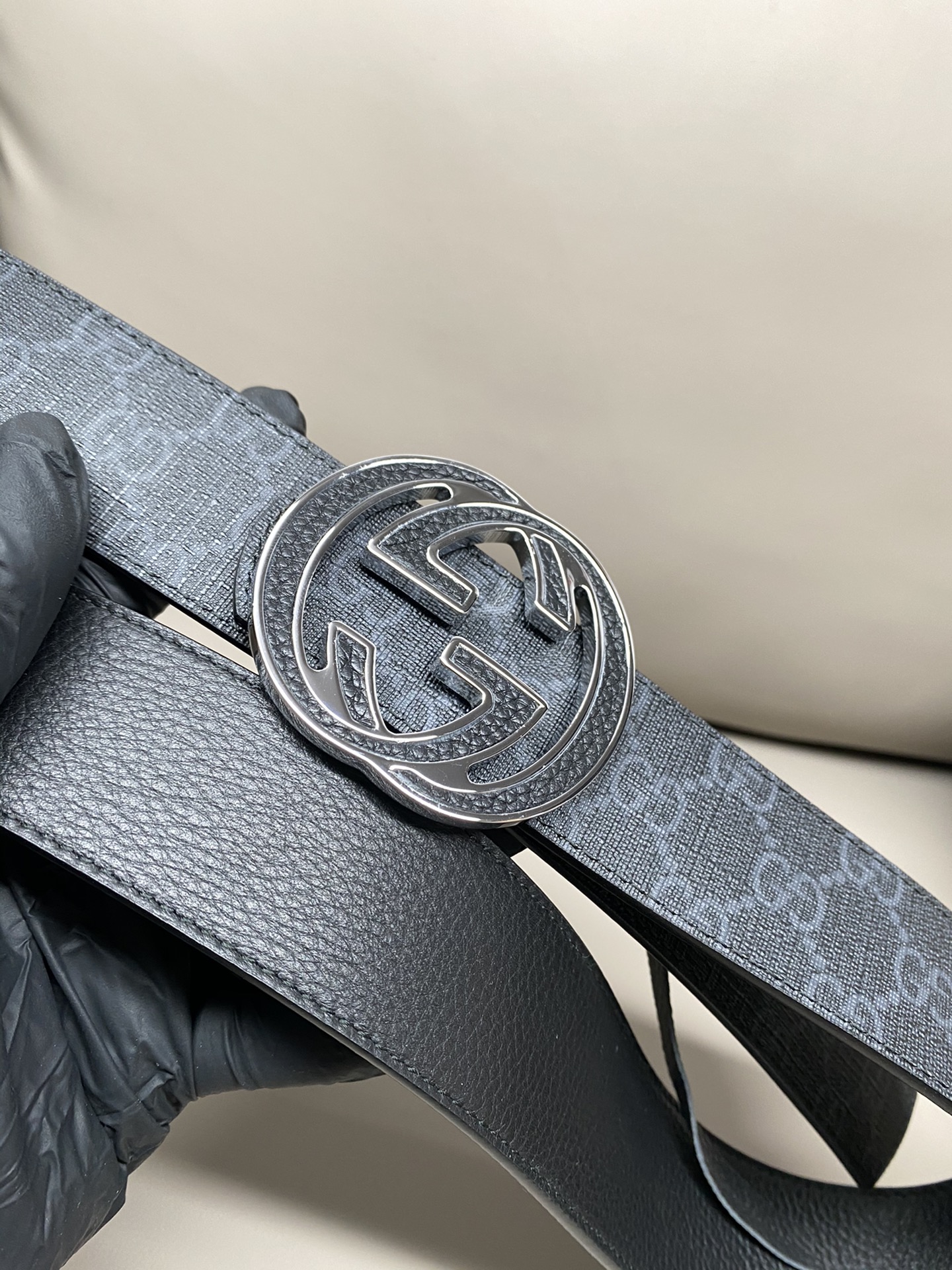 Gucci Canvas Belt Cow Leather Black S-m