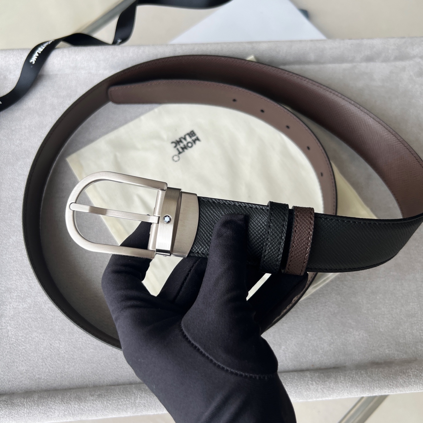 Montblanc Leather Belt Cow Leather Black Adjustable M