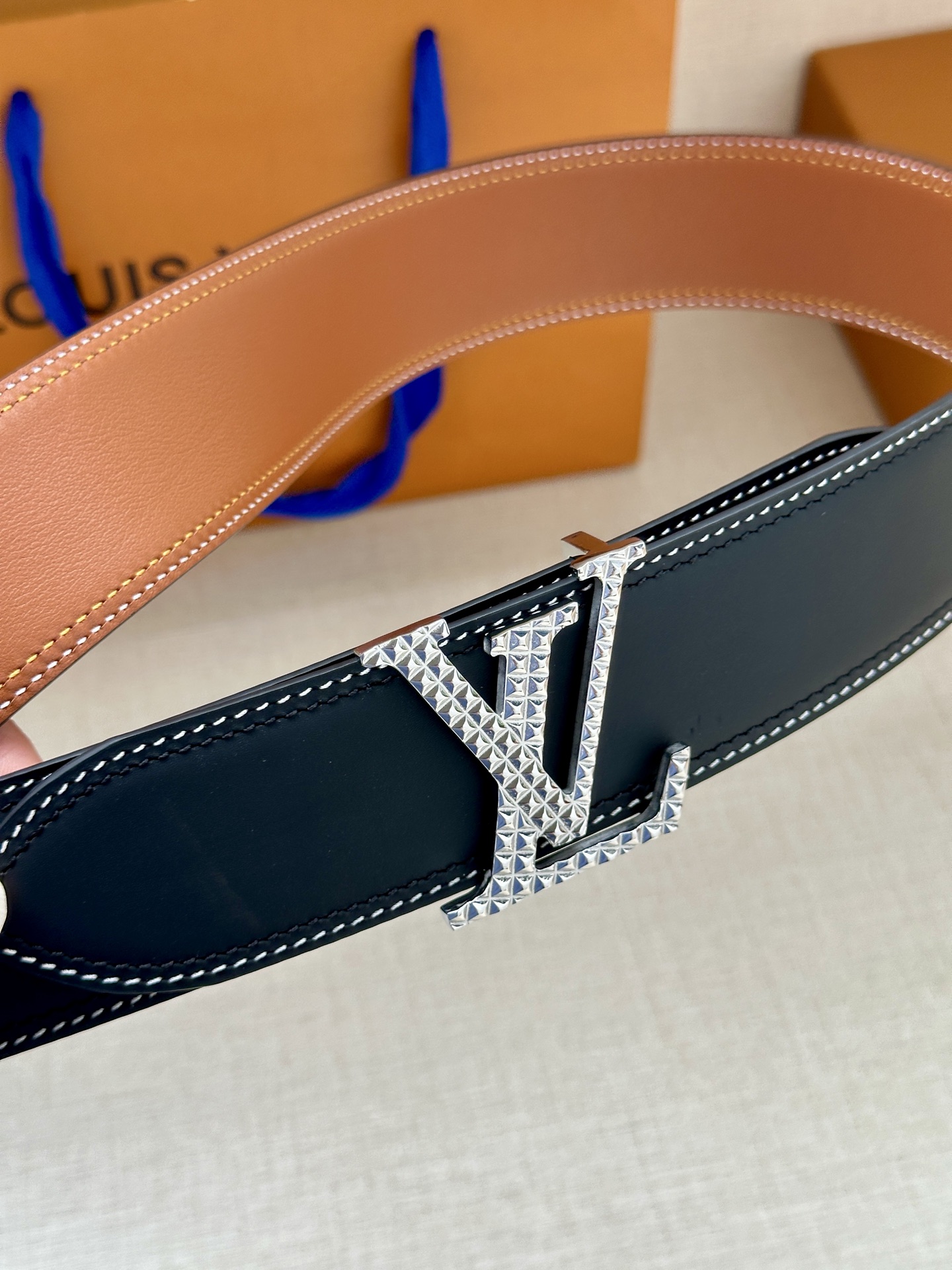 Louis Vuitton Leather Belt Top Grain Leather Black Wide Width M-l