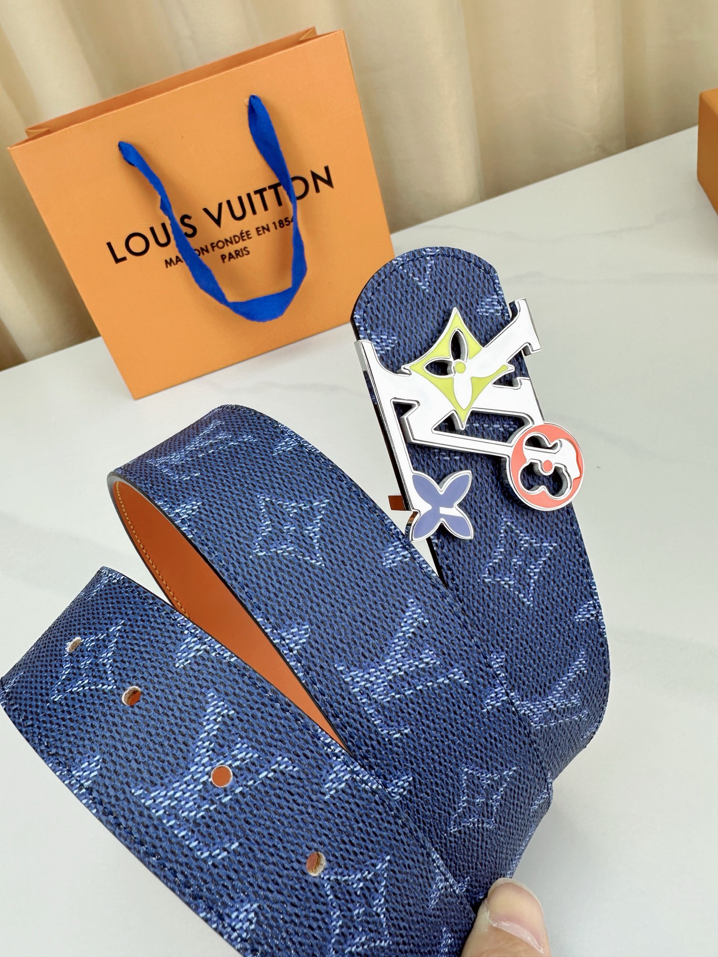 Louis Vuitton Leather Belt Canvas Blue Wide Width M-l