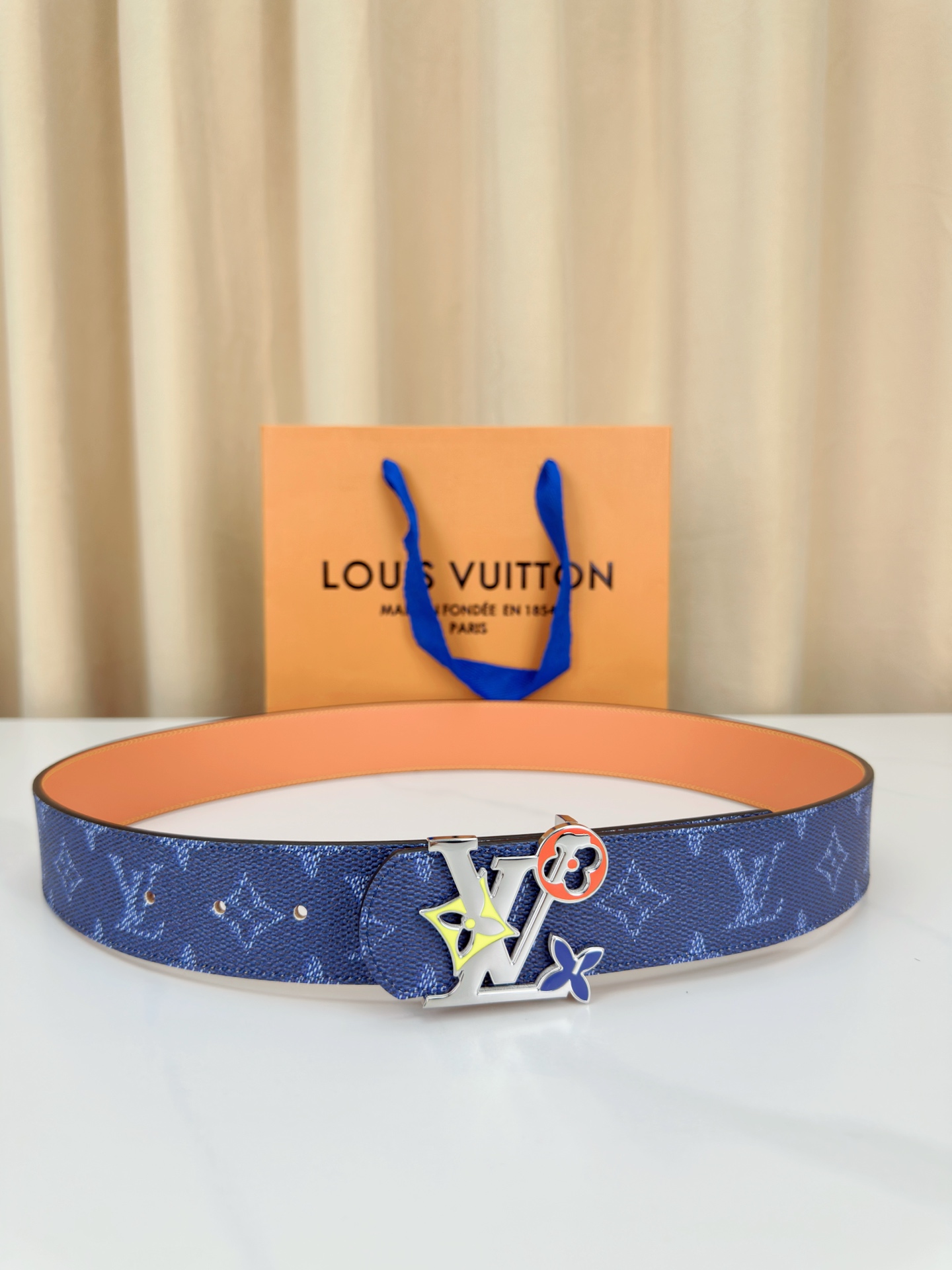 Louis Vuitton Leather Belt Canvas Blue Wide Width M-l