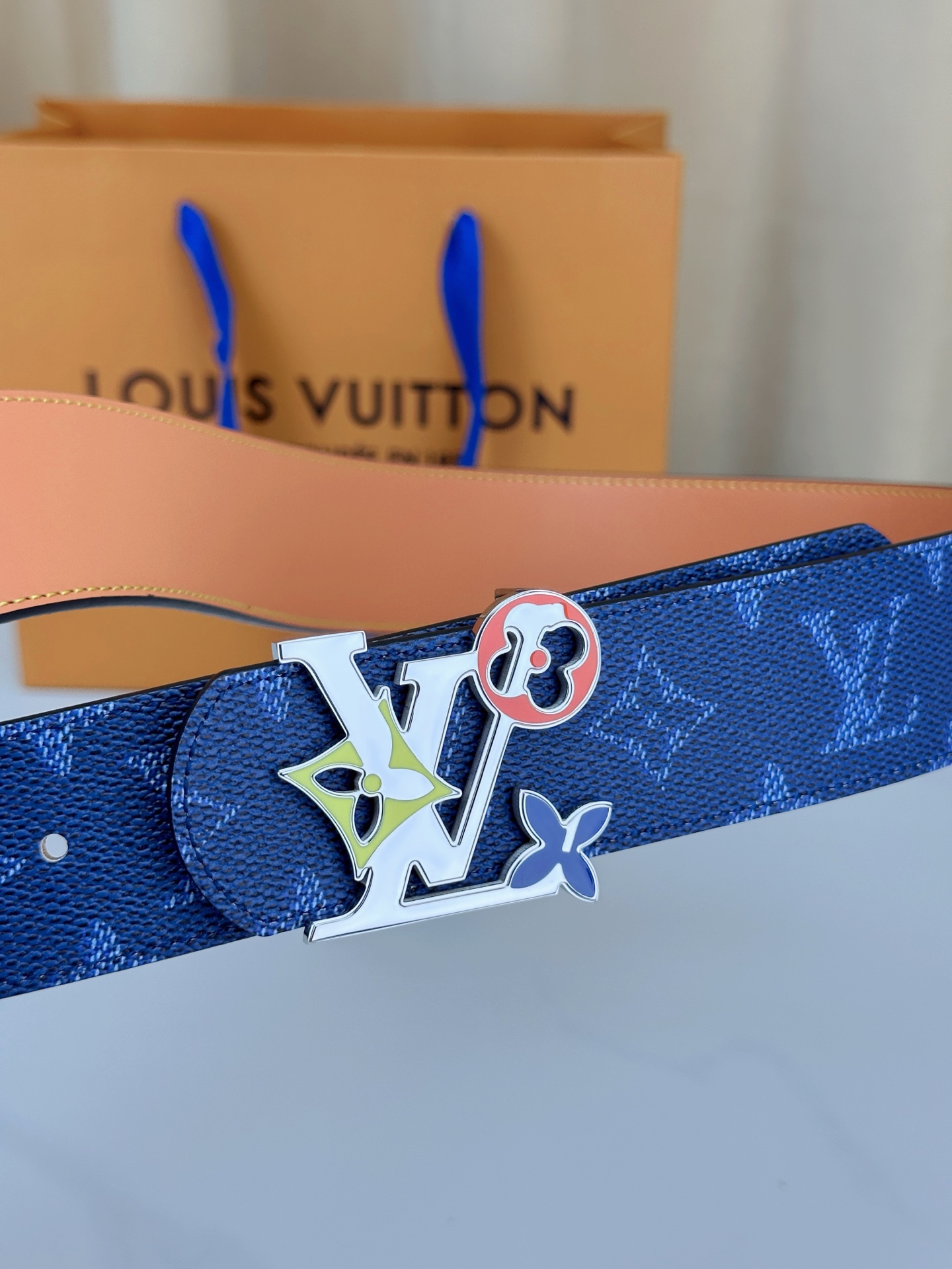 Louis Vuitton Leather Belt Canvas Blue Wide Width M-l