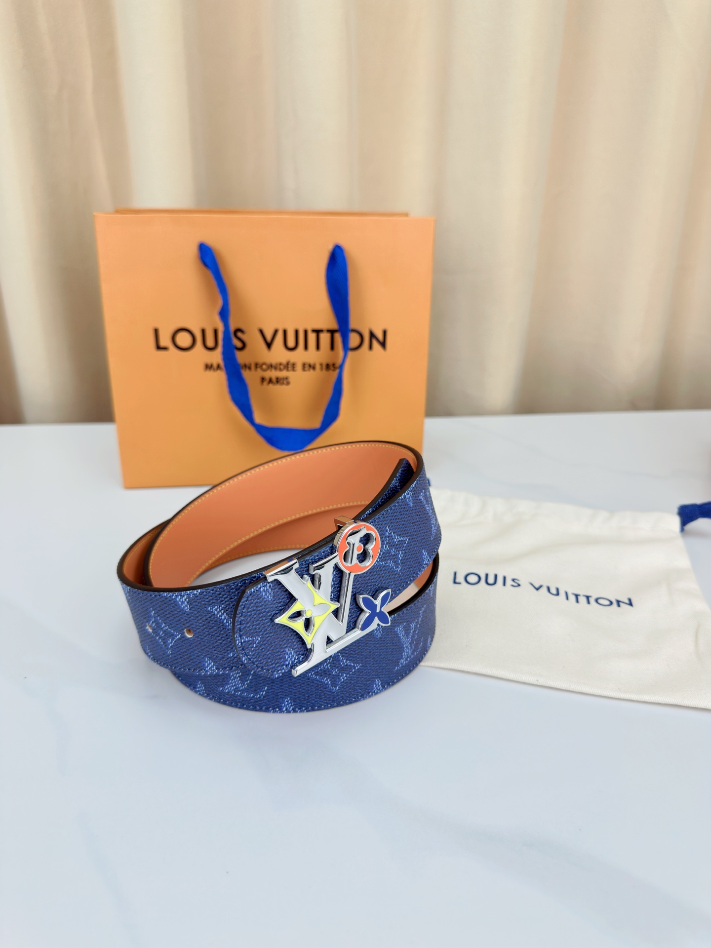 Louis Vuitton Leather Belt Canvas Blue Wide Width M-l