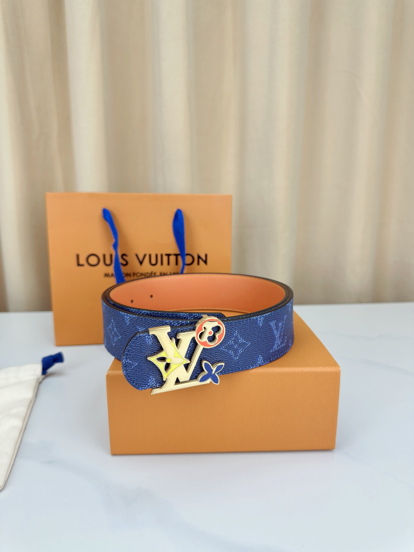Louis Vuitton Leather Belt Canvas Blue Wide Width M-l
