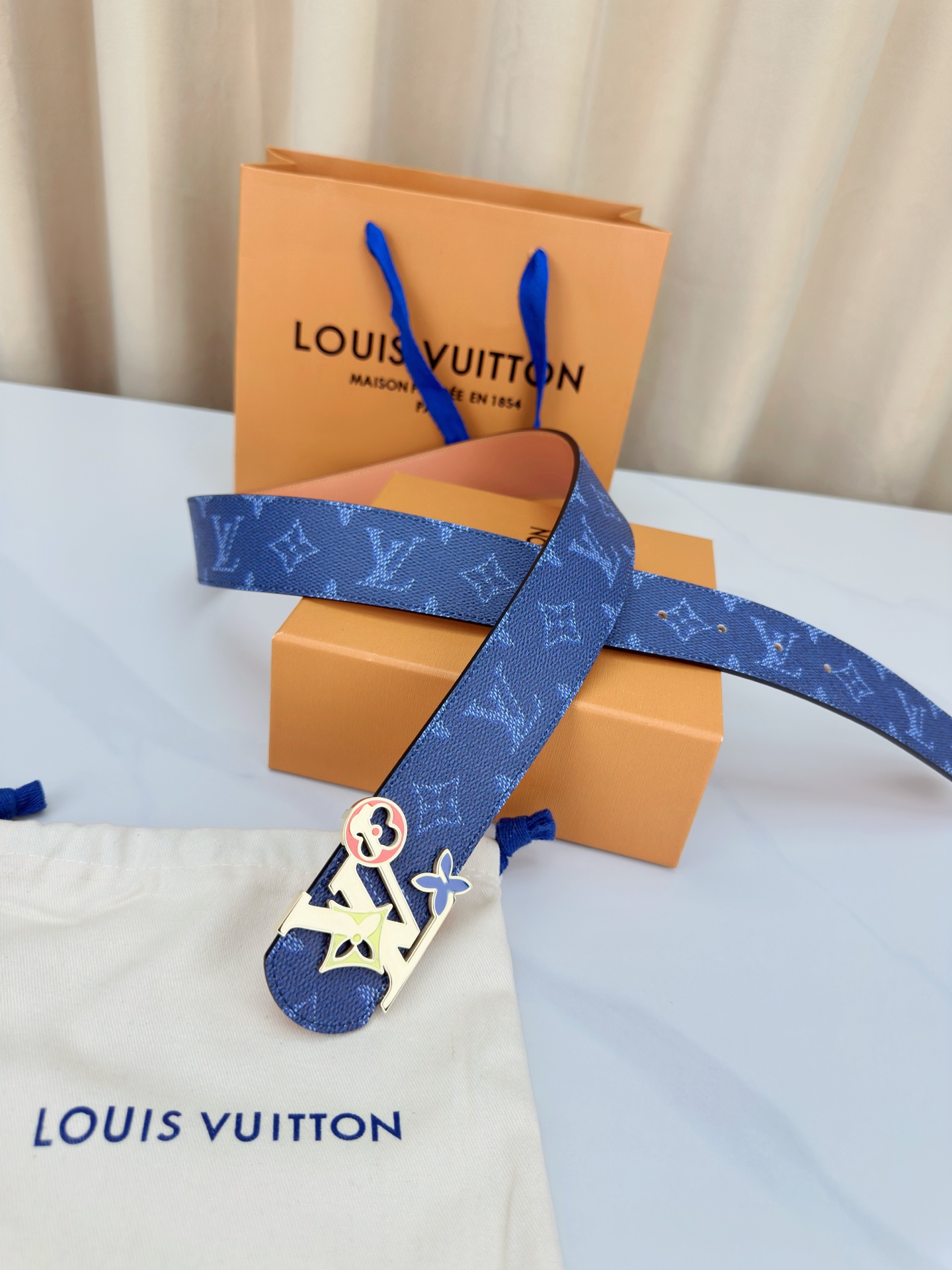 Louis Vuitton Leather Belt Canvas Blue Wide Width M-l