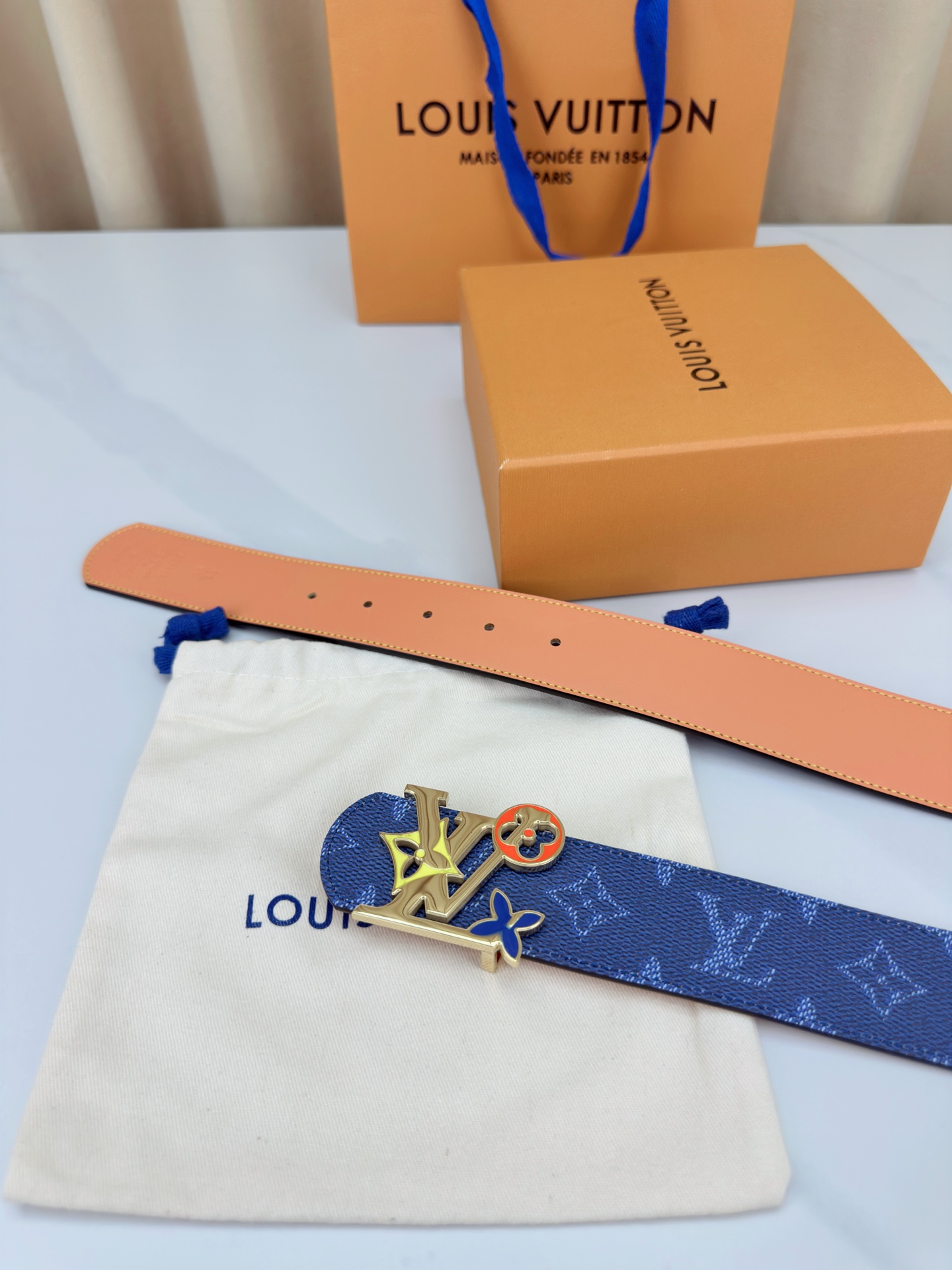 Louis Vuitton Leather Belt Canvas Blue Wide Width M-l
