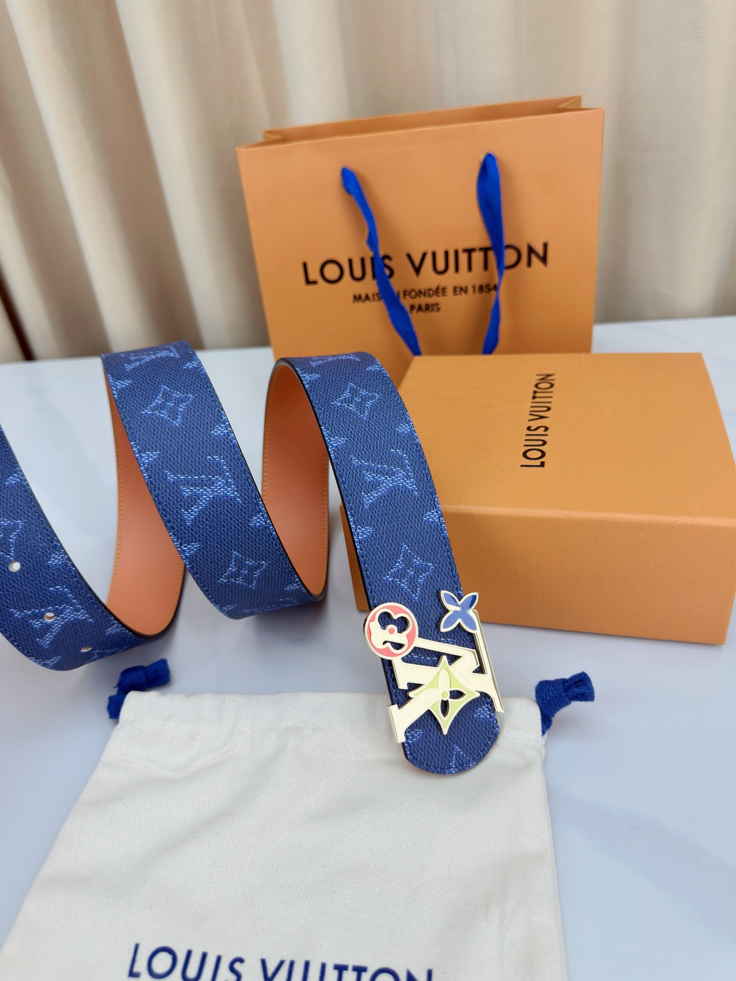 Louis Vuitton Leather Belt Canvas Blue Wide Width M-l