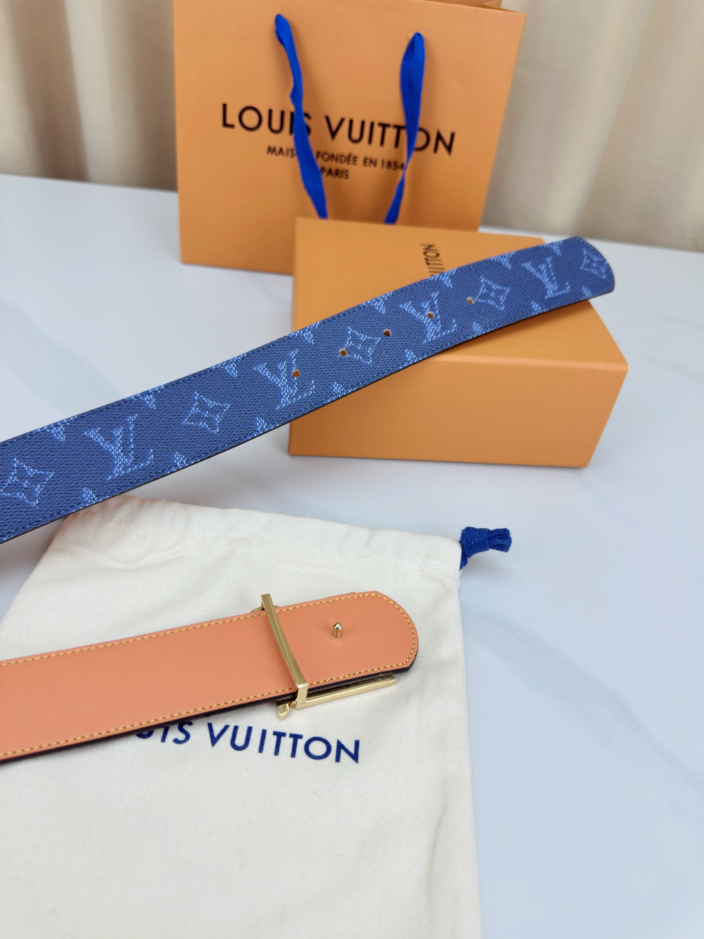 Louis Vuitton Leather Belt Canvas Blue Wide Width M-l