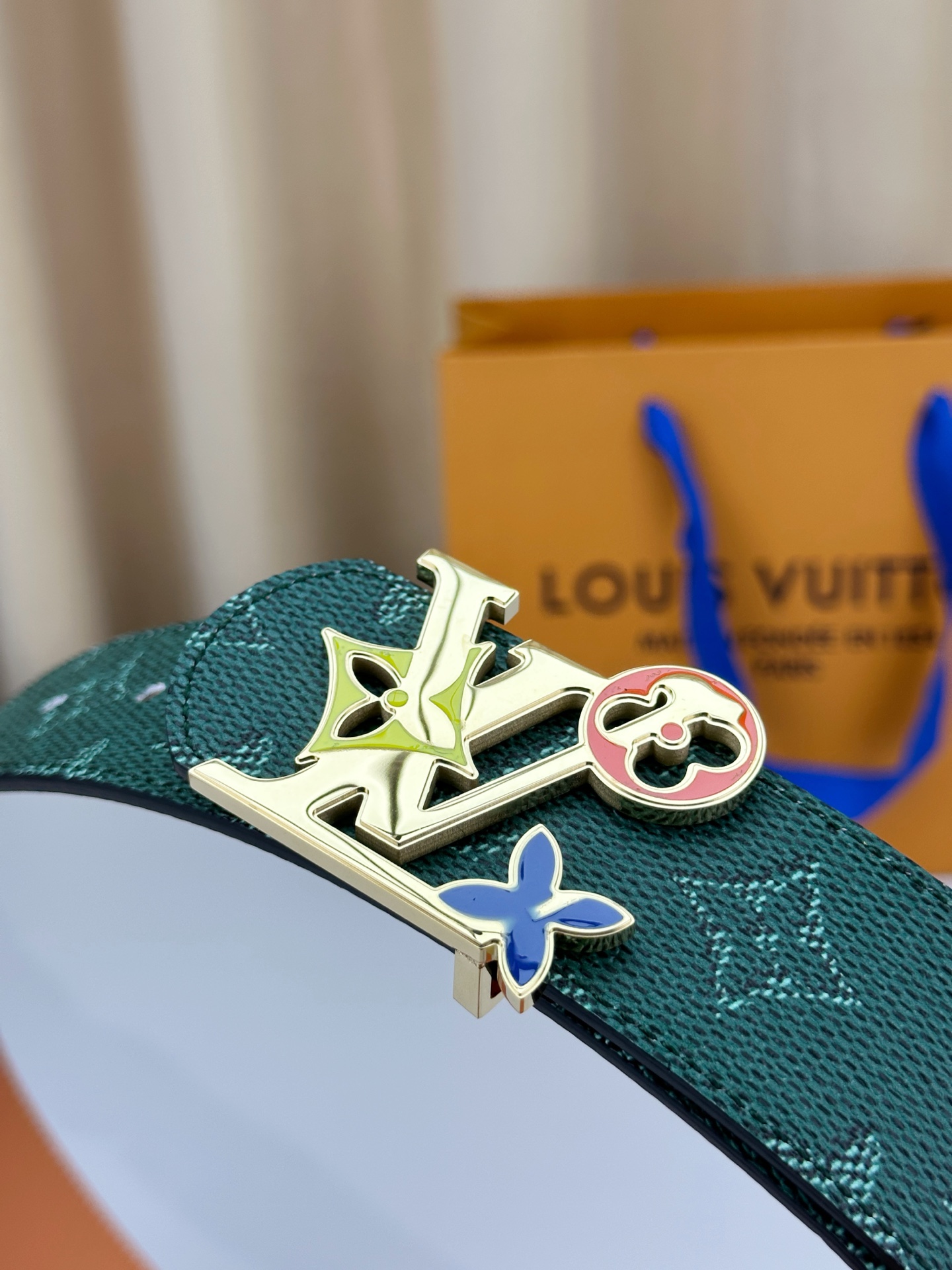 Louis Vuitton Leather Belt Canvas Blue Wide Width M-l