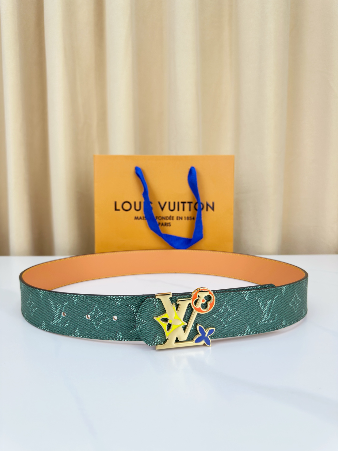 Louis Vuitton Leather Belt Canvas Blue Wide Width M-l