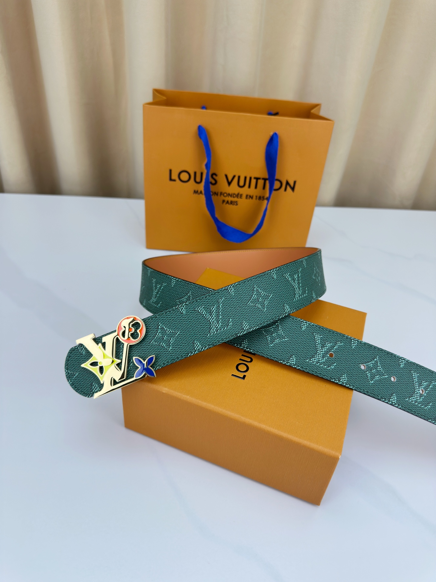 Louis Vuitton Leather Belt Canvas Blue Wide Width M-l