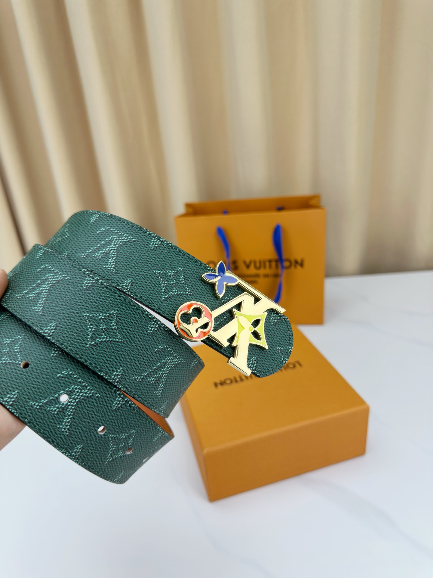 Louis Vuitton Leather Belt Canvas Blue Wide Width M-l