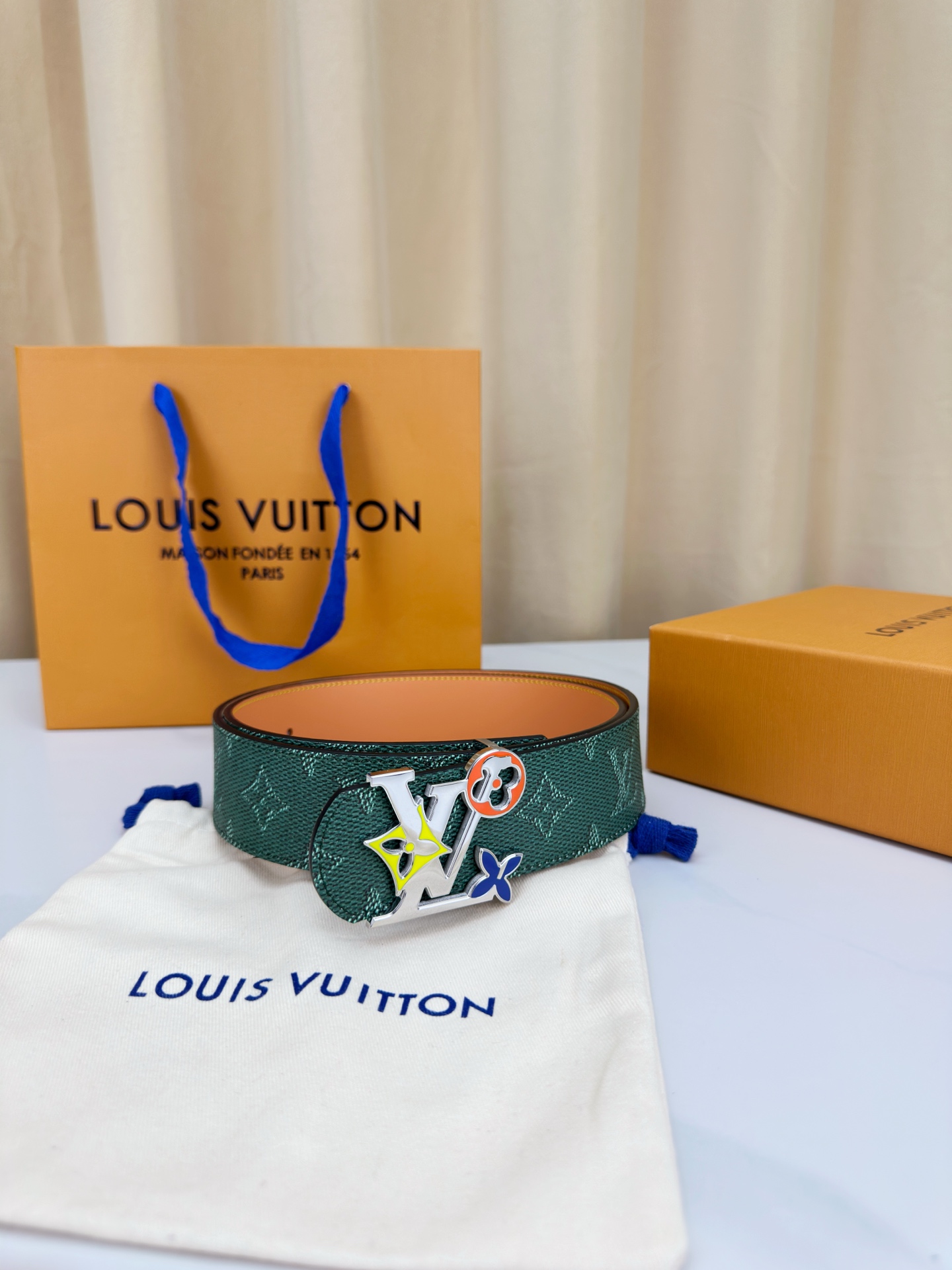 Louis Vuitton Leather Belt Canvas Blue Wide Width M-l