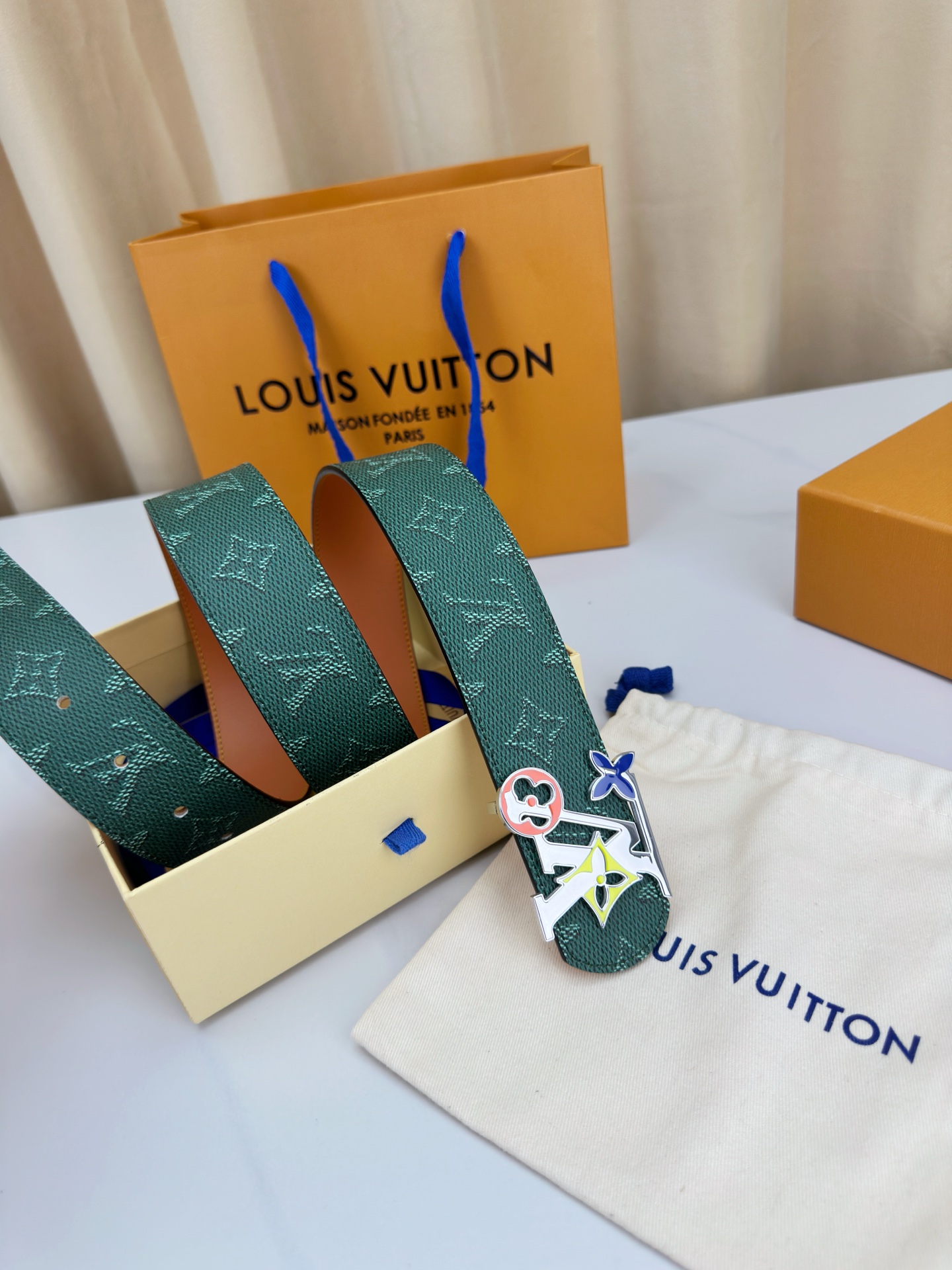 Louis Vuitton Leather Belt Canvas Blue Wide Width M-l