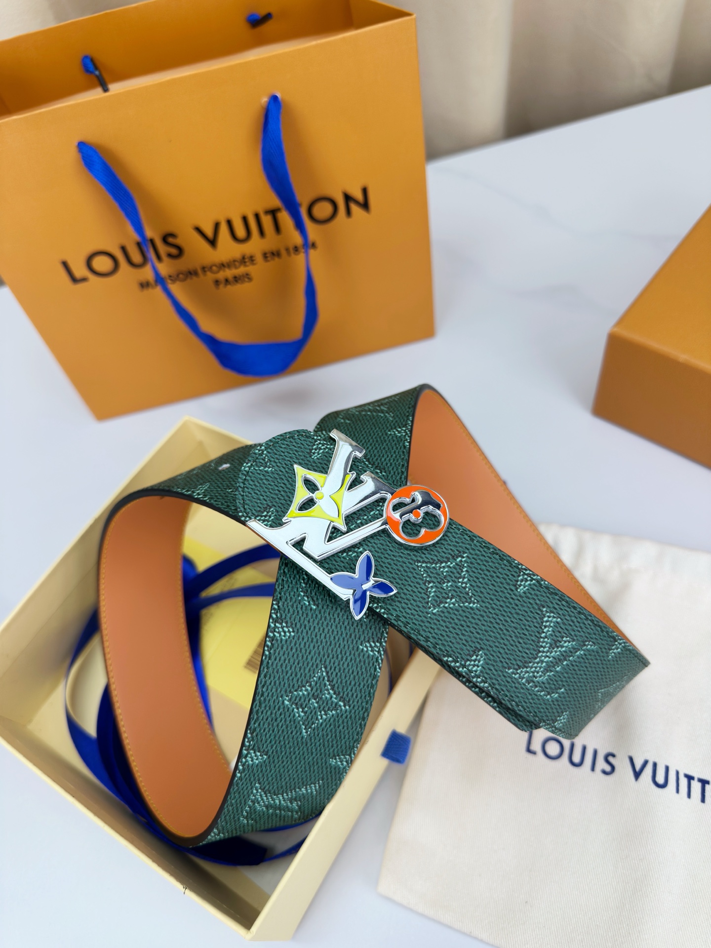 Louis Vuitton Leather Belt Canvas Blue Wide Width M-l
