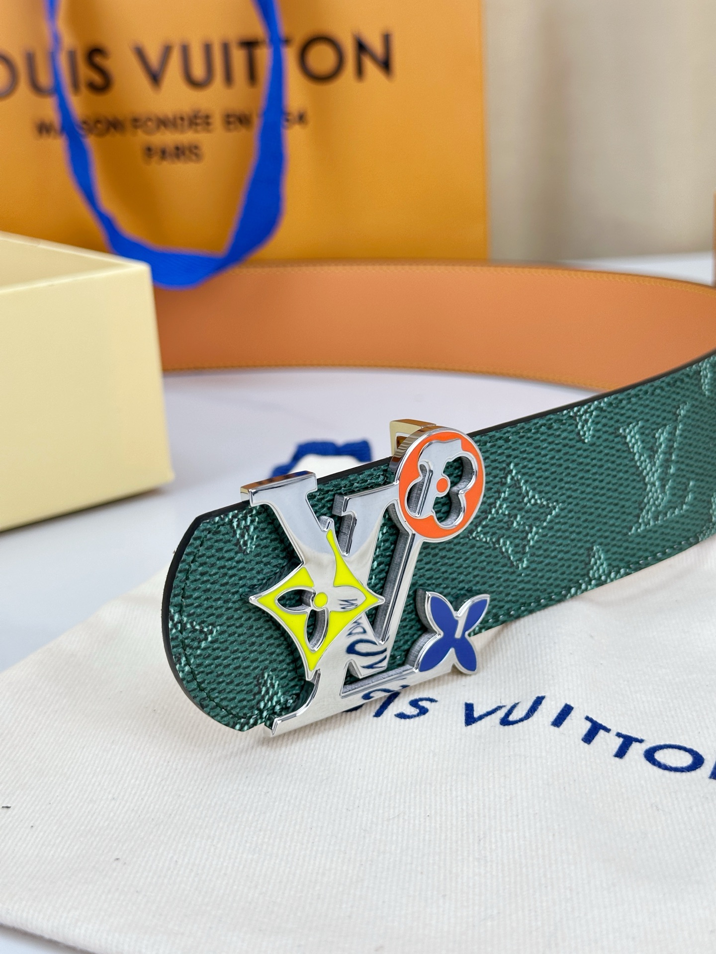 Louis Vuitton Leather Belt Canvas Blue Wide Width M-l