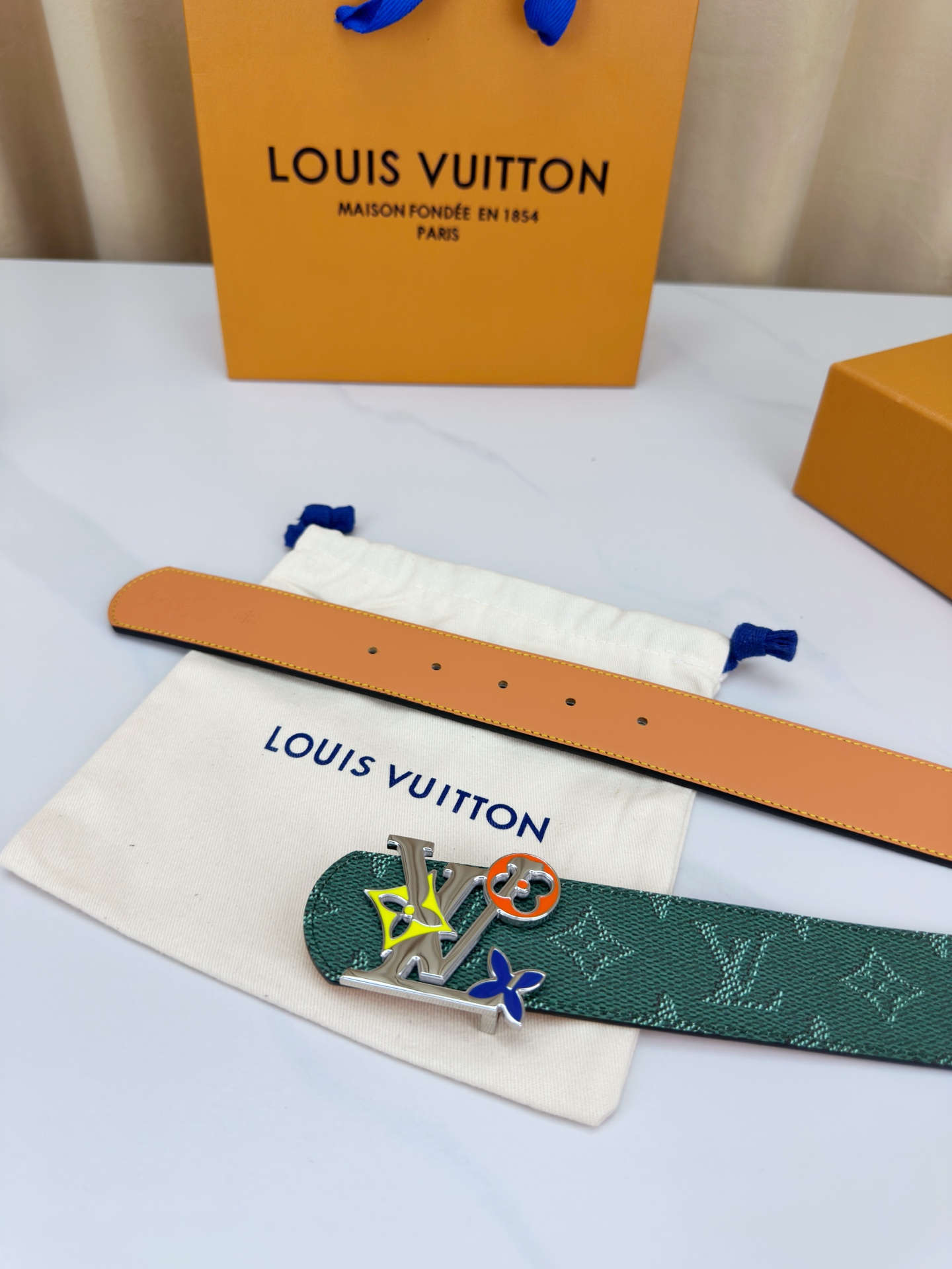 Louis Vuitton Leather Belt Canvas Blue Wide Width M-l