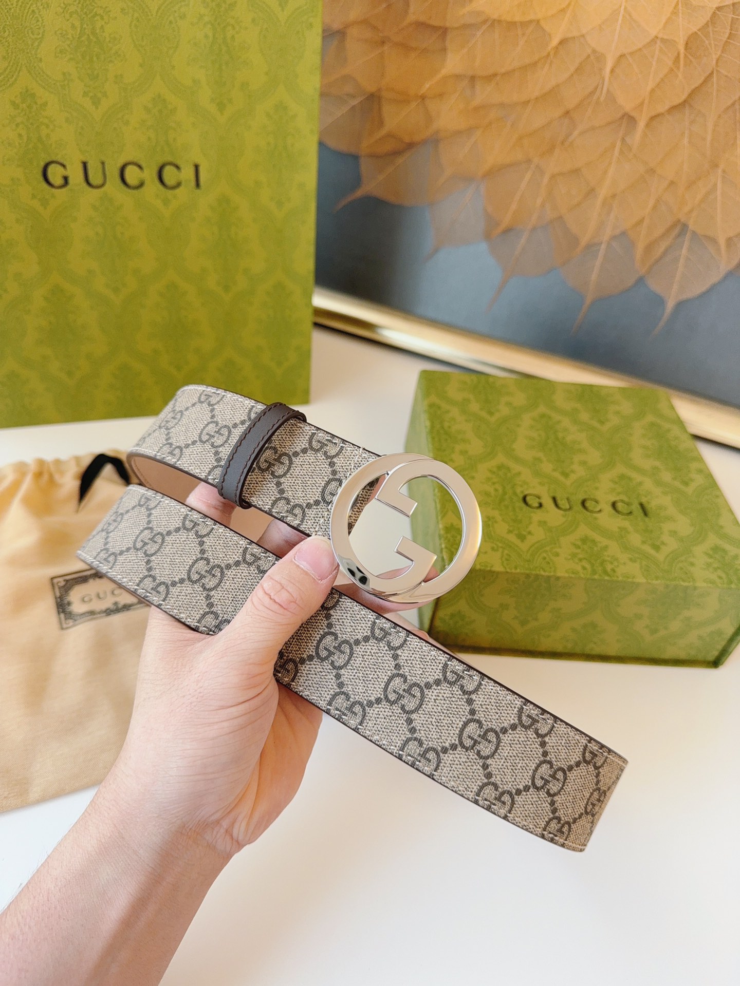 Gucci Leather Belt Canvas 38mm-s-m