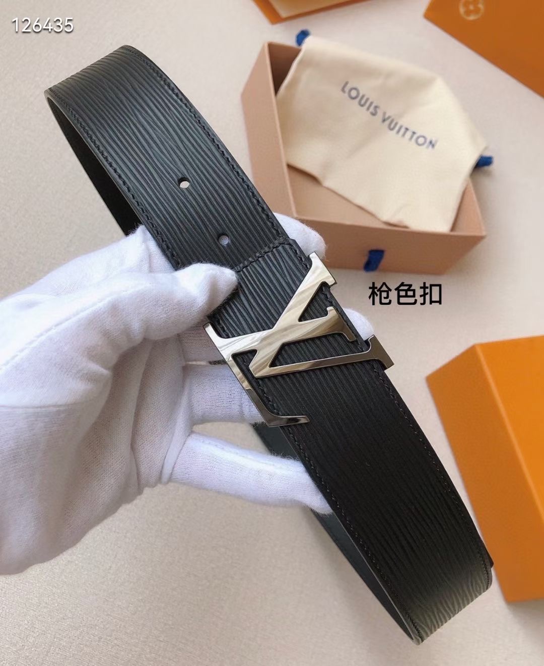 Louis Vuitton Leather Belt Cow Leather Black L