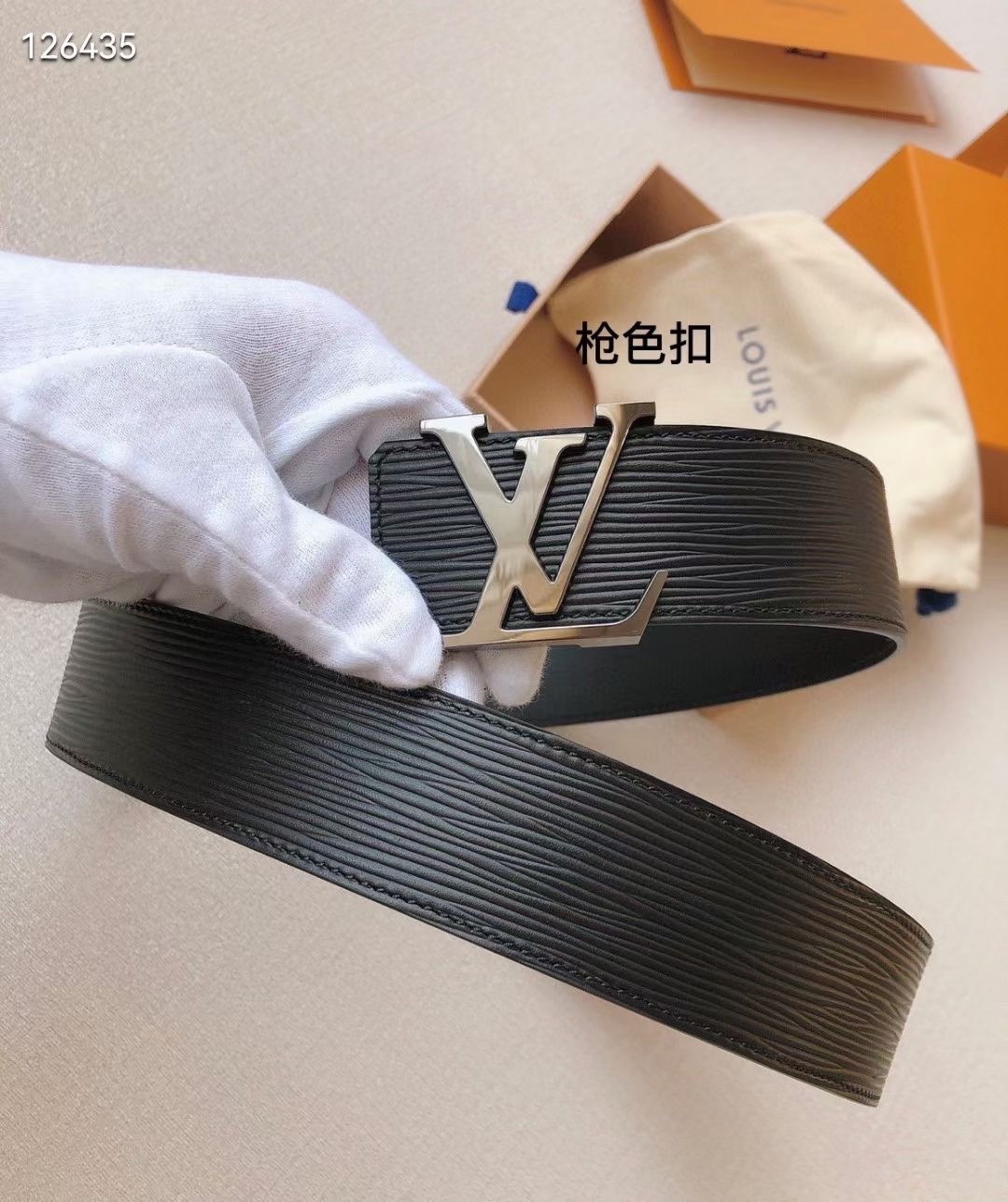 Louis Vuitton Leather Belt Cow Leather Black L