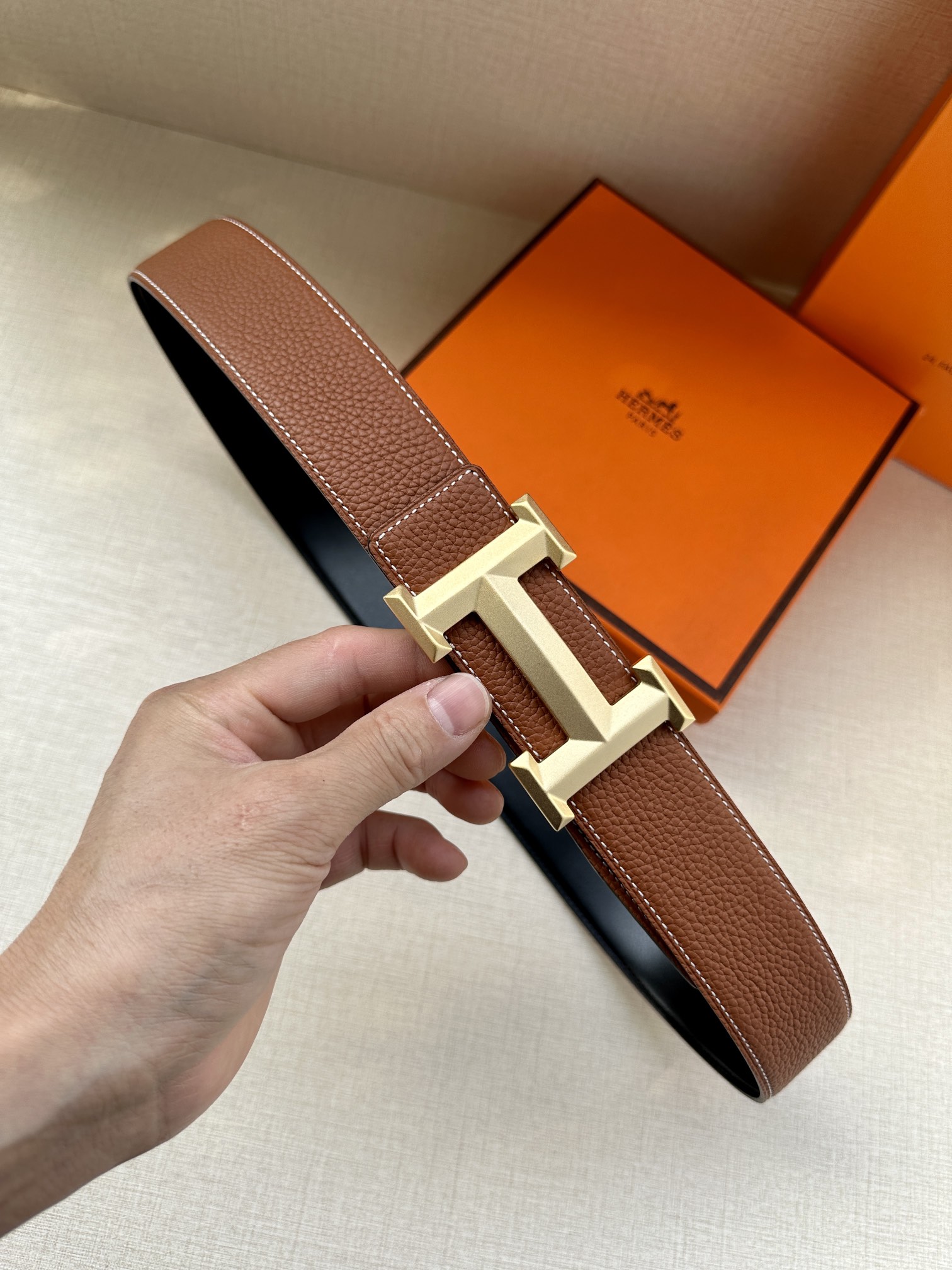 Hermès Male Leather Belt Cow Leather Gold