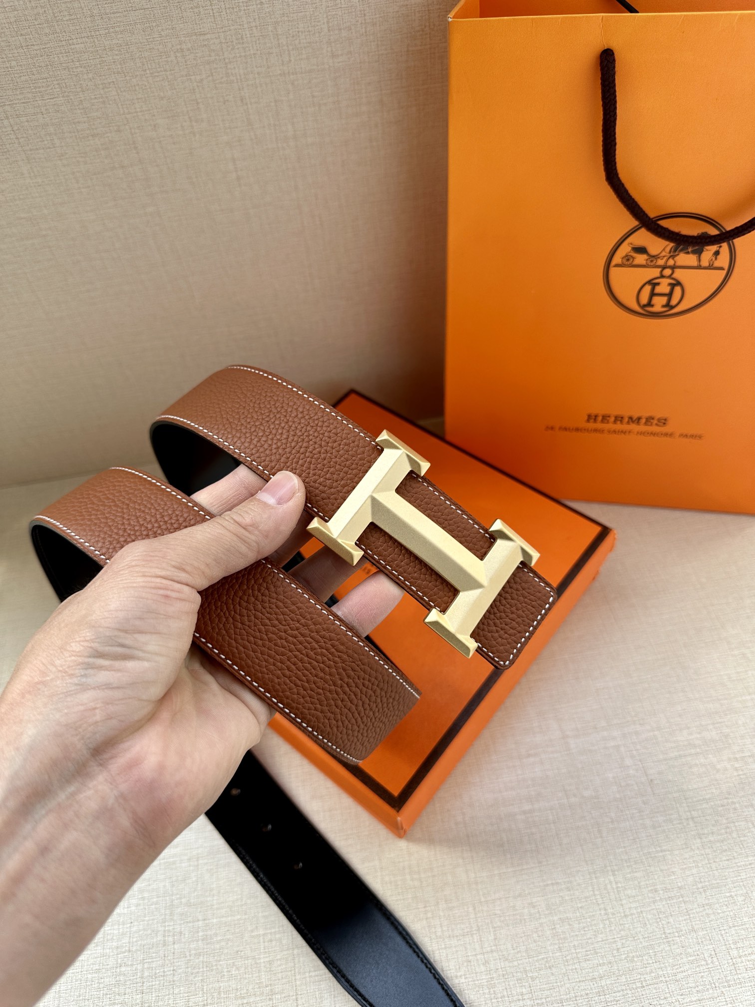 Hermès Male Leather Belt Cow Leather Gold