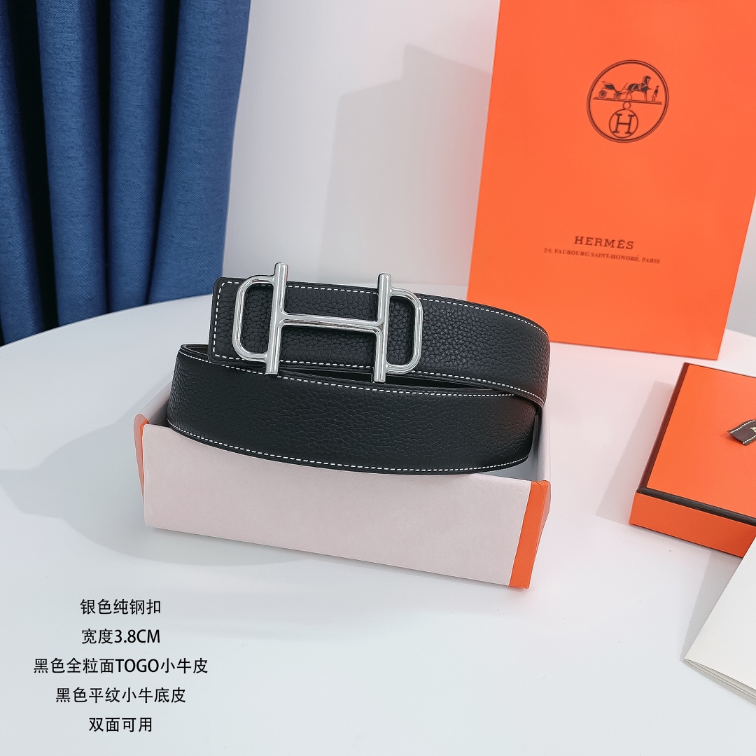 Hermès Male Leather Belt Silver 38mm