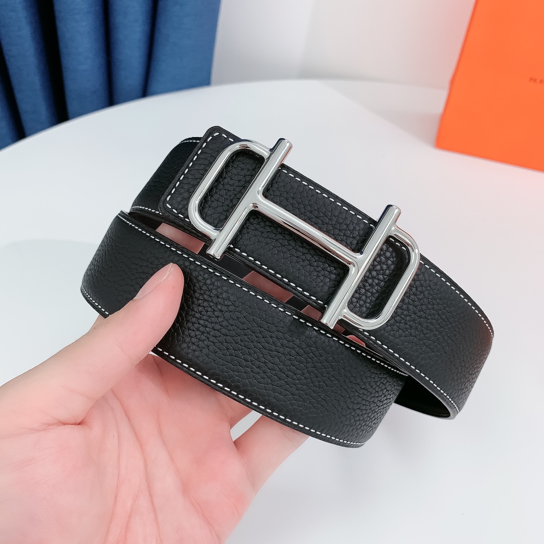 Hermès Male Leather Belt Silver 38mm