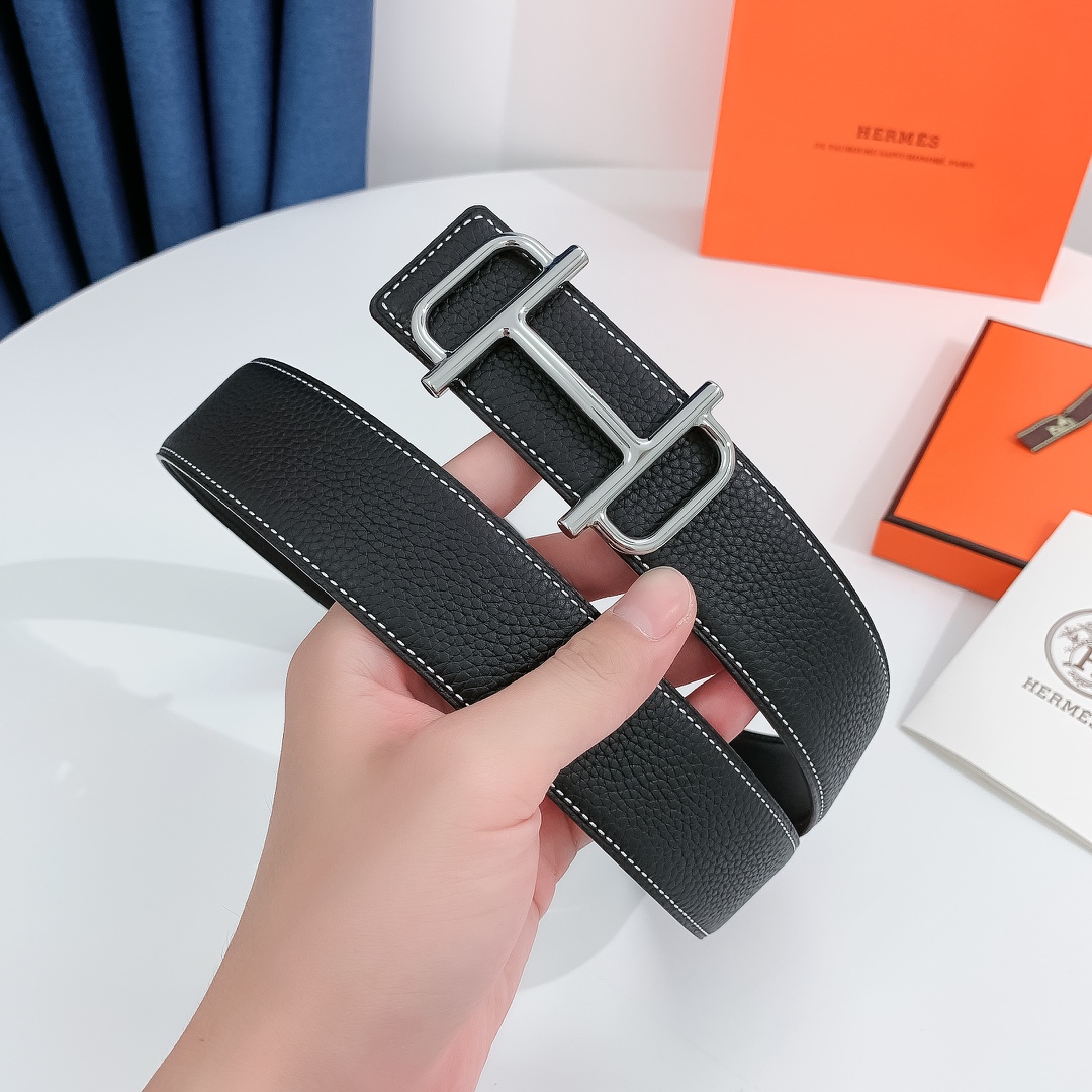 Hermès Male Leather Belt Silver 38mm