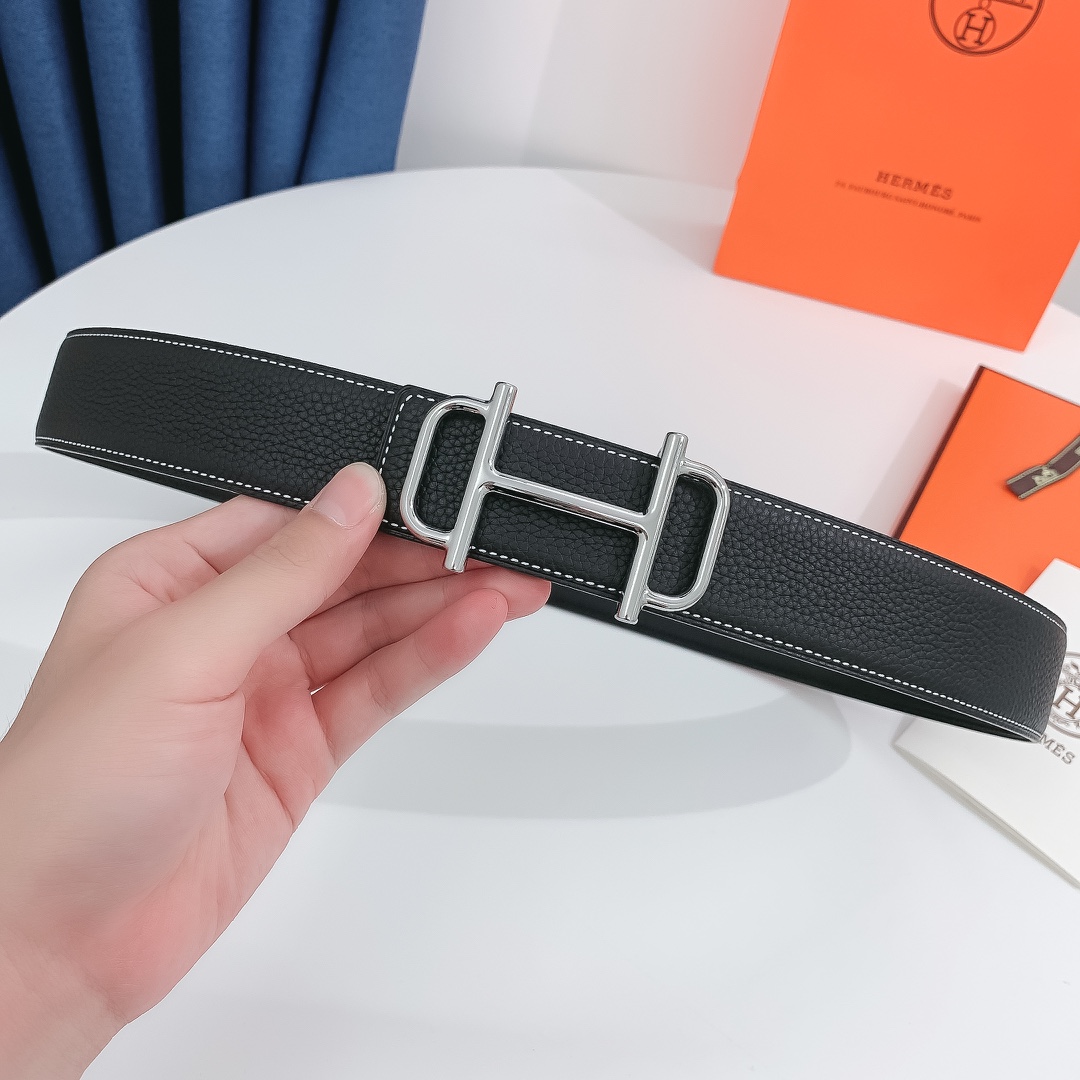 Hermès Male Leather Belt Silver 38mm