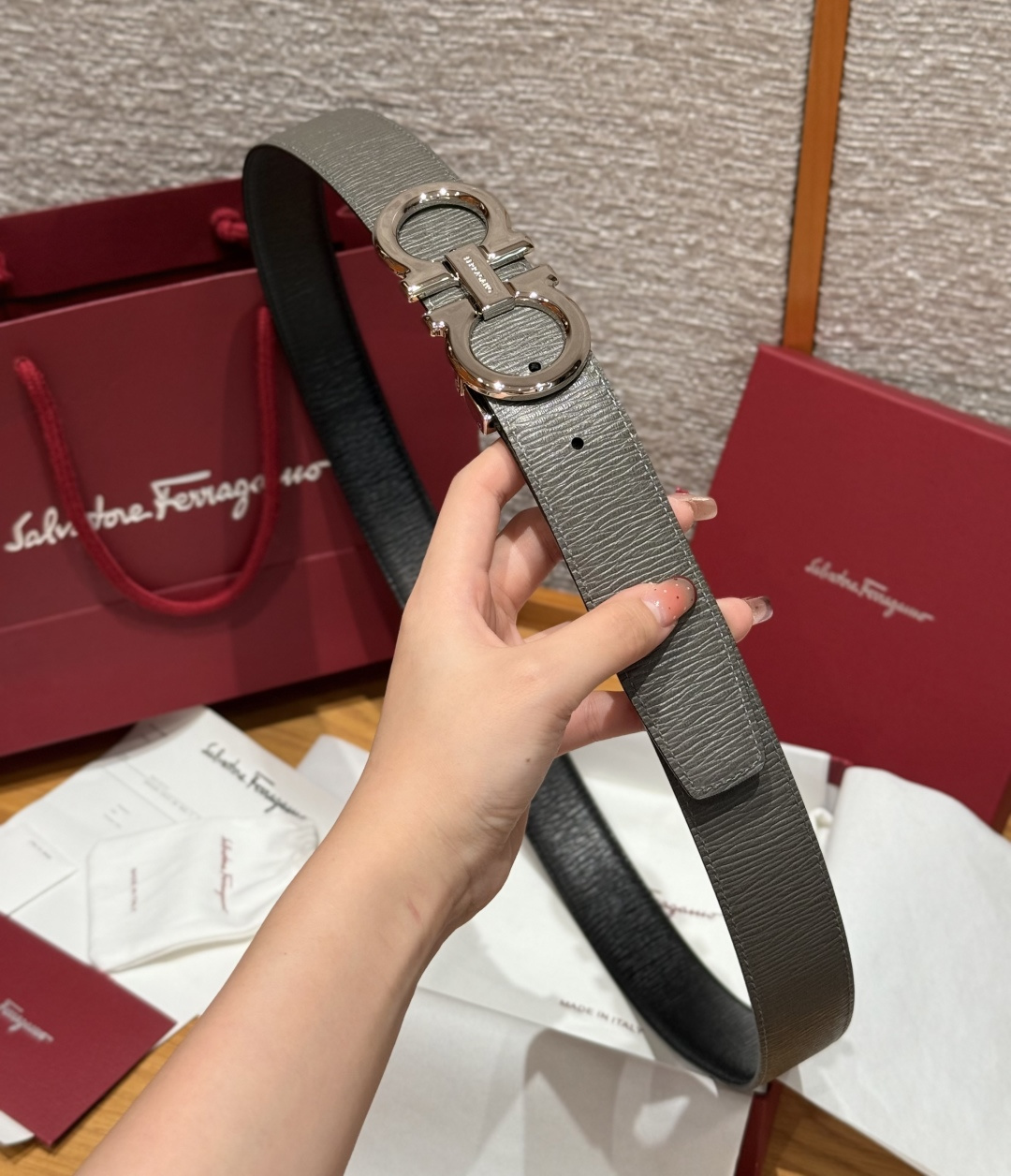 Leather Belt Cow Leather Gray Adjustable S-m