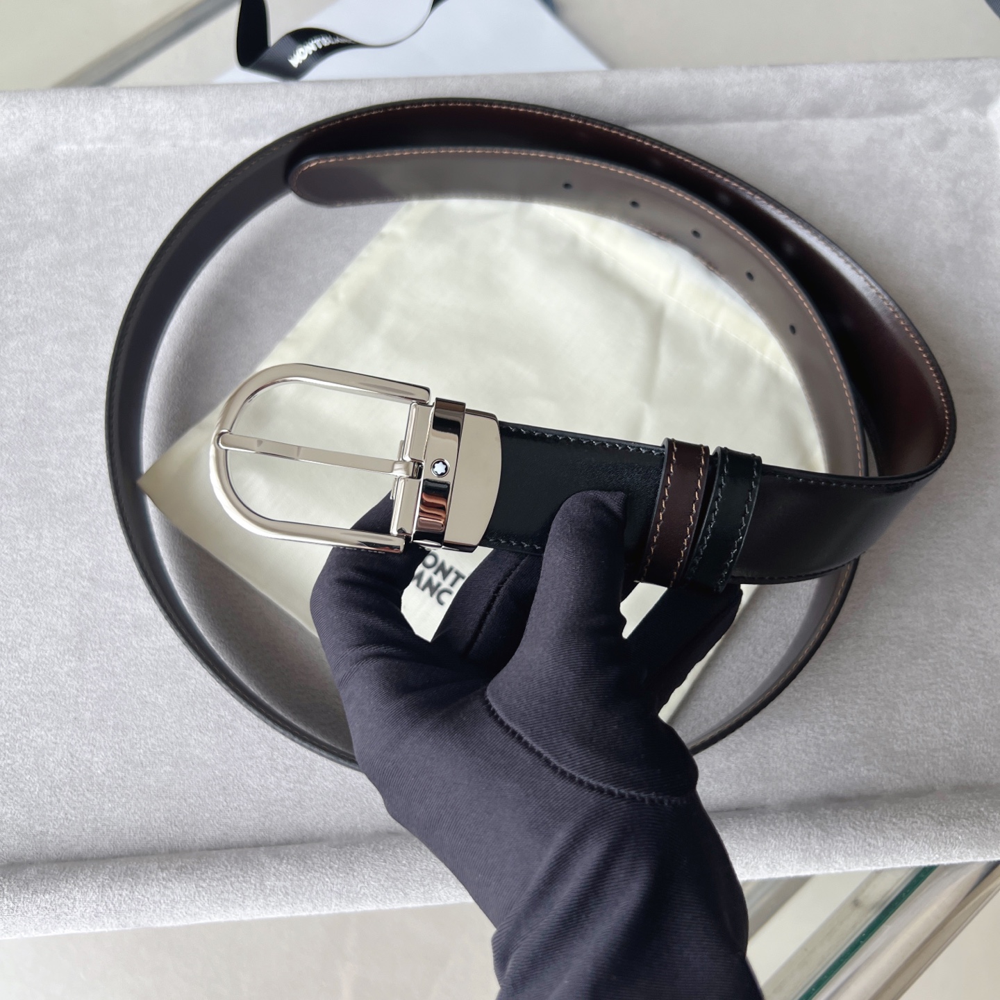 Montblanc Leather Belt Cow Leather Black Adjustable M