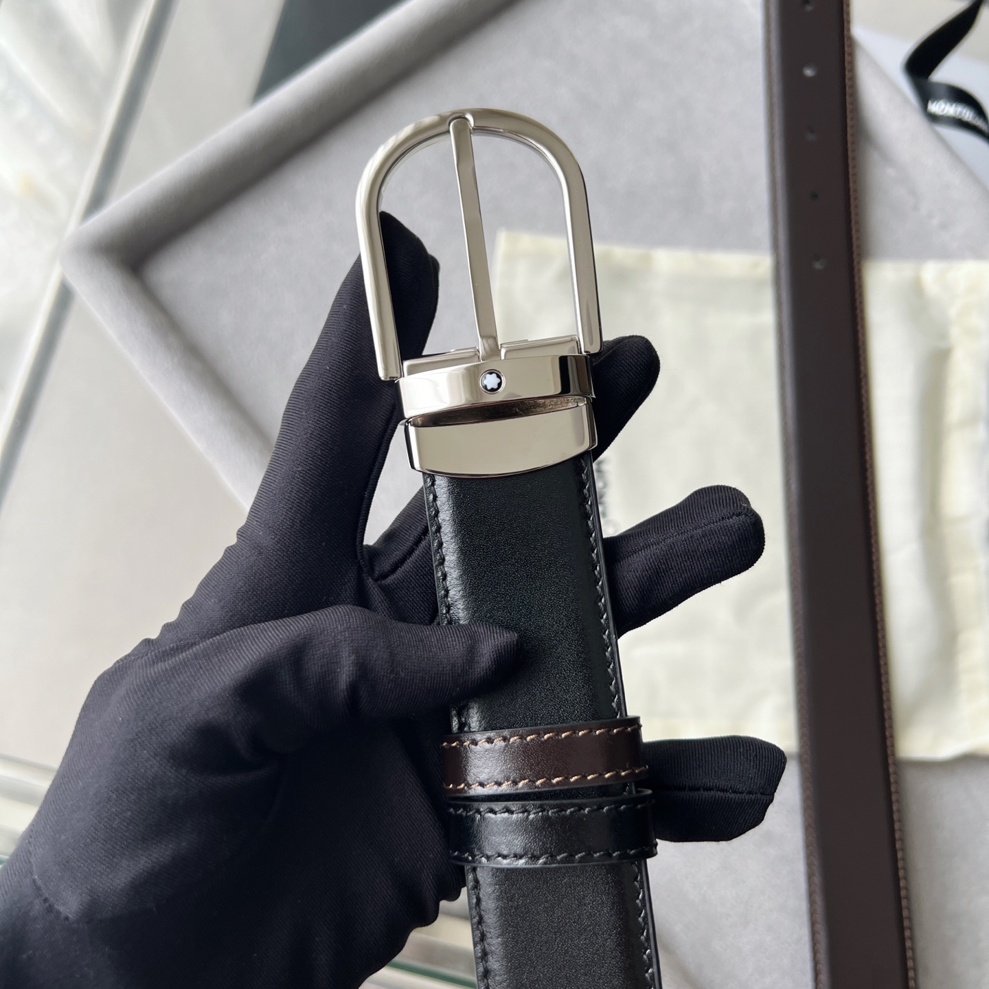 Montblanc Leather Belt Cow Leather Black Adjustable M