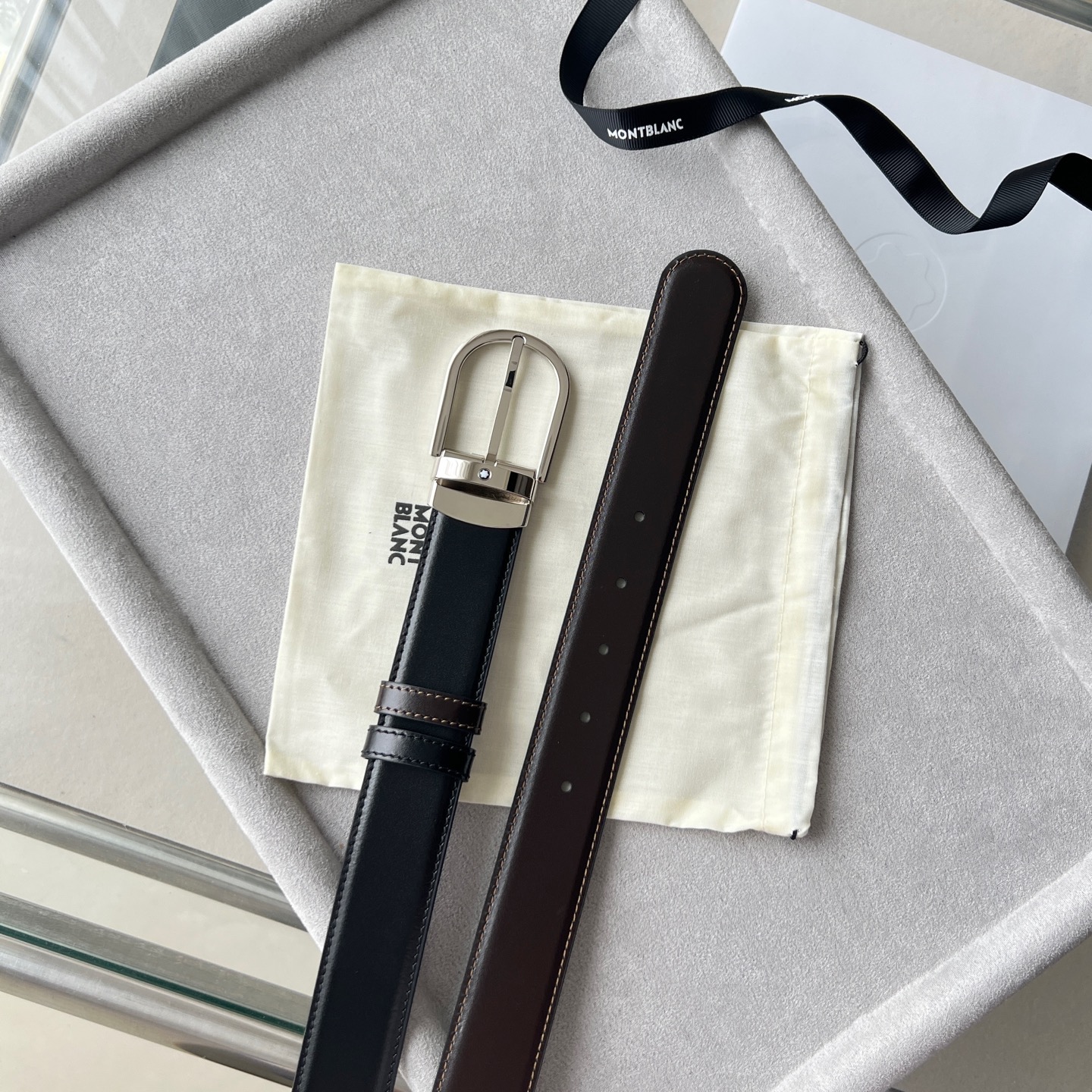 Montblanc Leather Belt Cow Leather Black Adjustable M