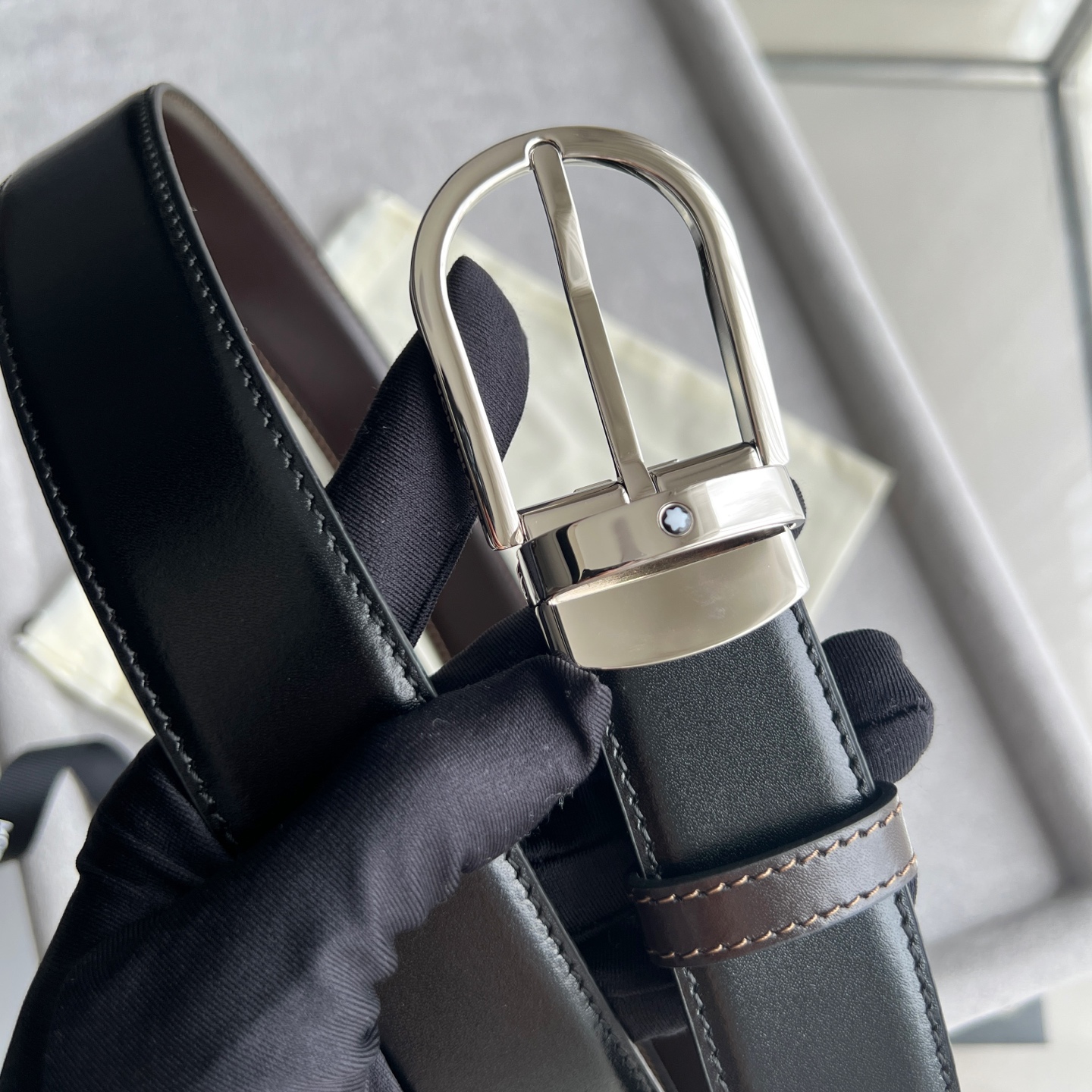 Montblanc Leather Belt Cow Leather Black Adjustable M