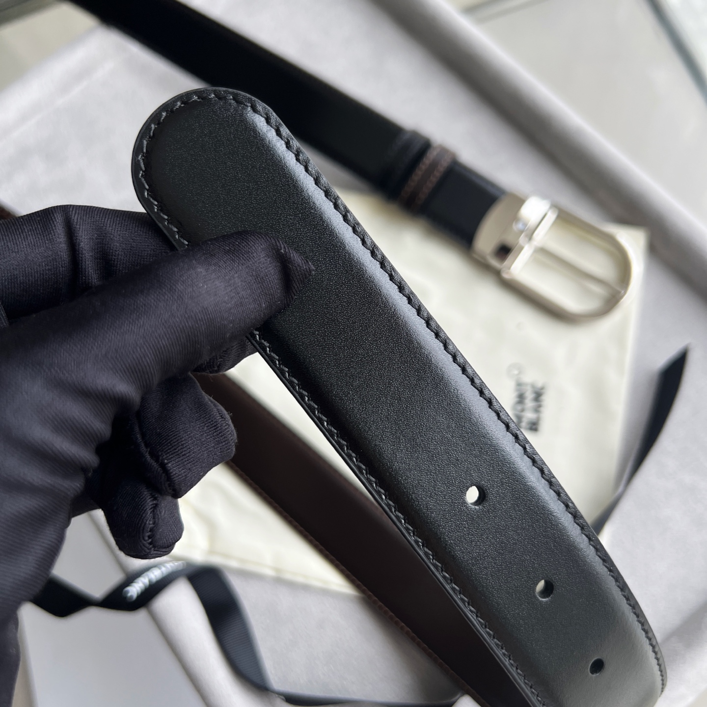 Montblanc Leather Belt Cow Leather Black Adjustable M