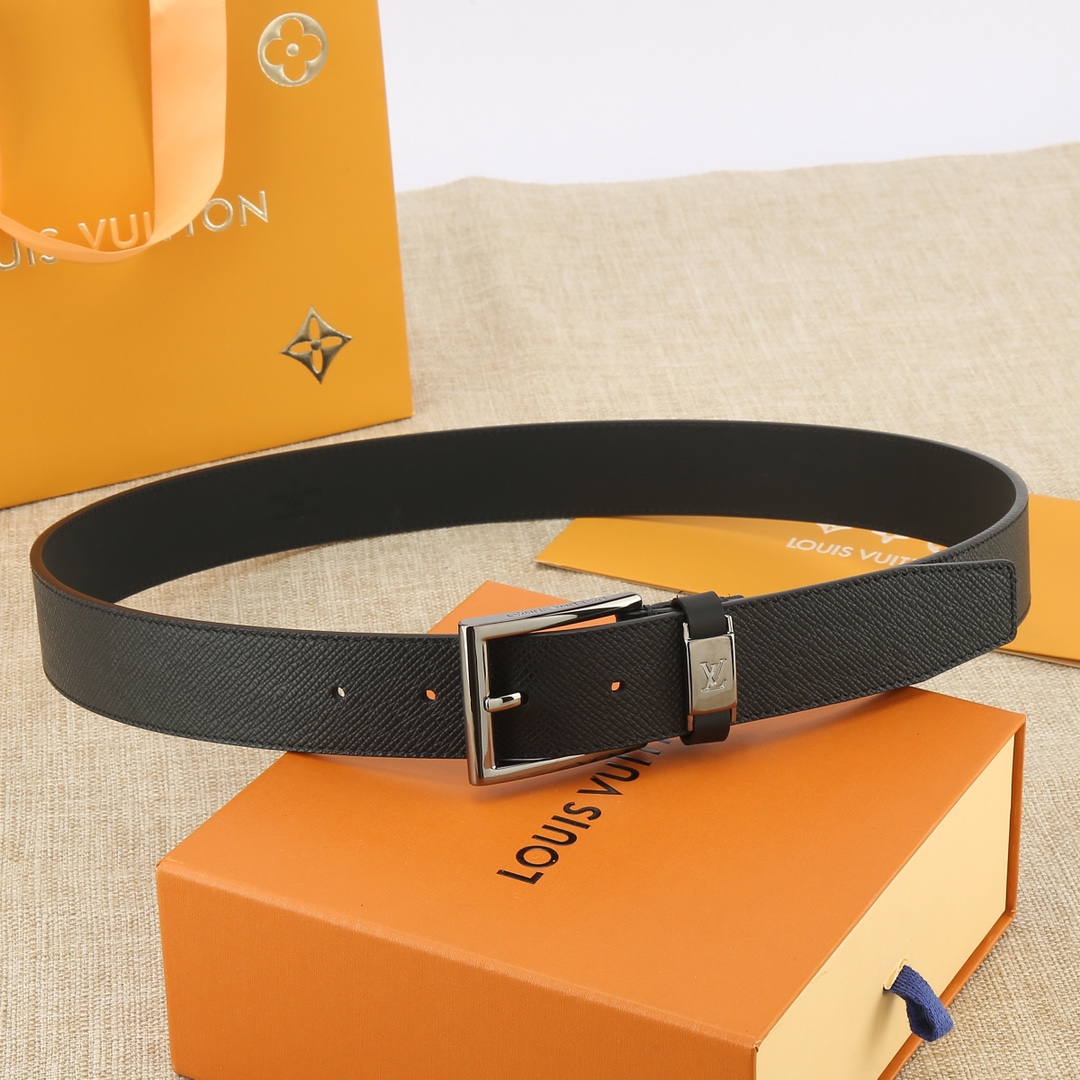 Louis Vuitton Leather Belt Cow Leather Black L