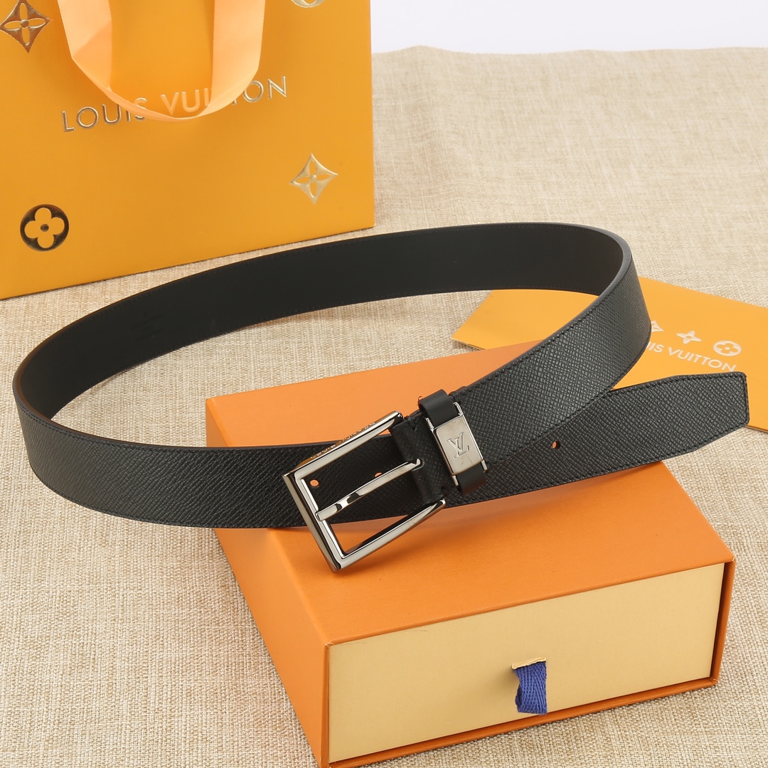 Louis Vuitton Leather Belt Cow Leather Black L