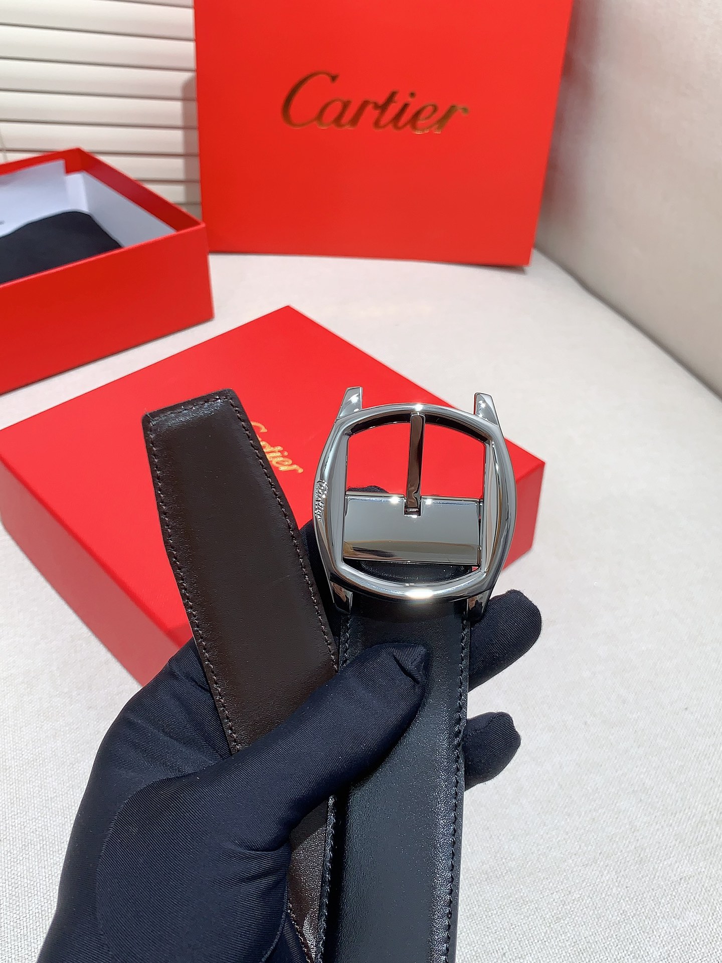 Cartier Leather Belt Cow Leather Black Adjustable