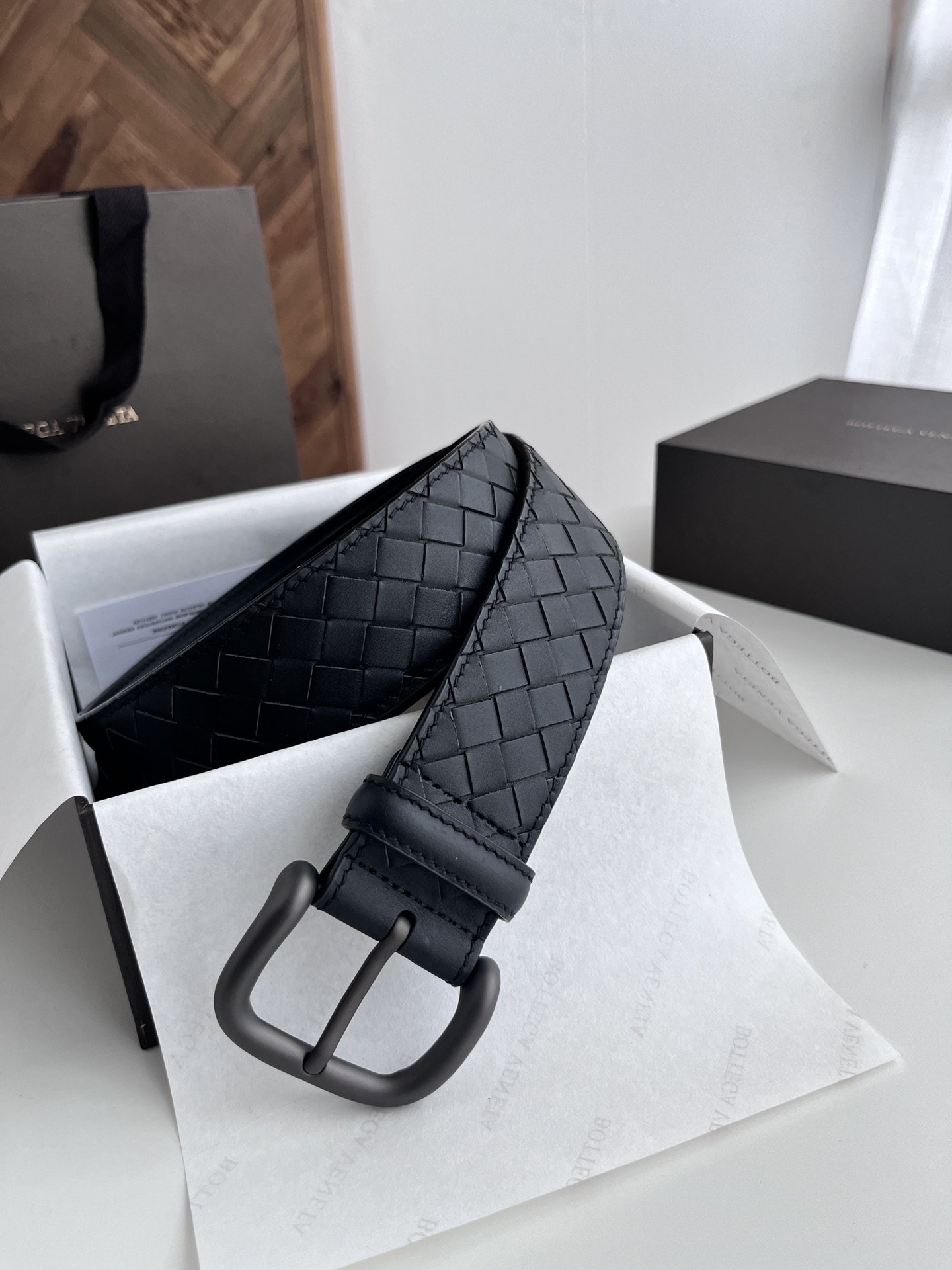 Bottega Veneta Male Leather Belt Cow Leather Black Wide Width M