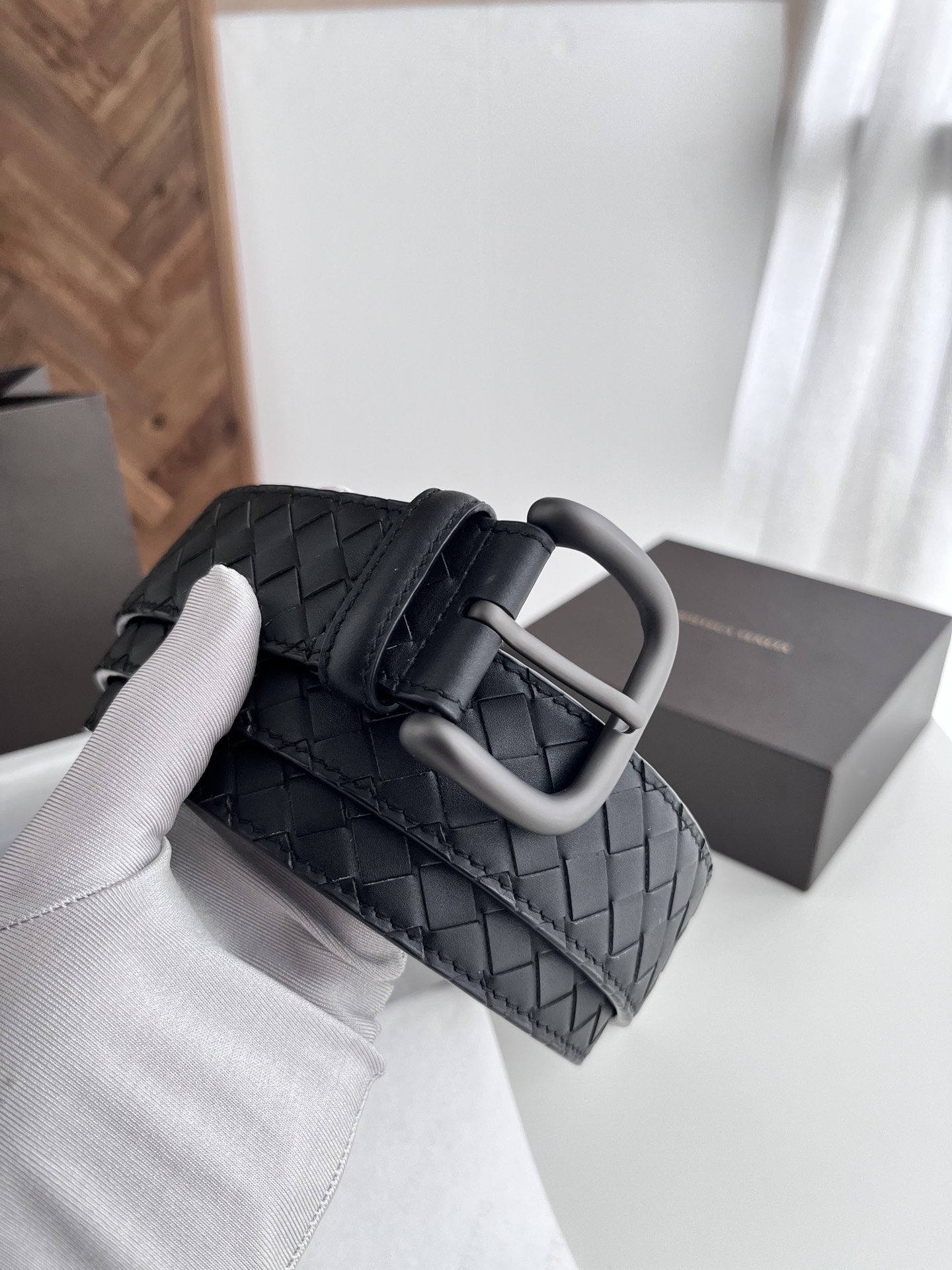 Bottega Veneta Male Leather Belt Cow Leather Black Wide Width M