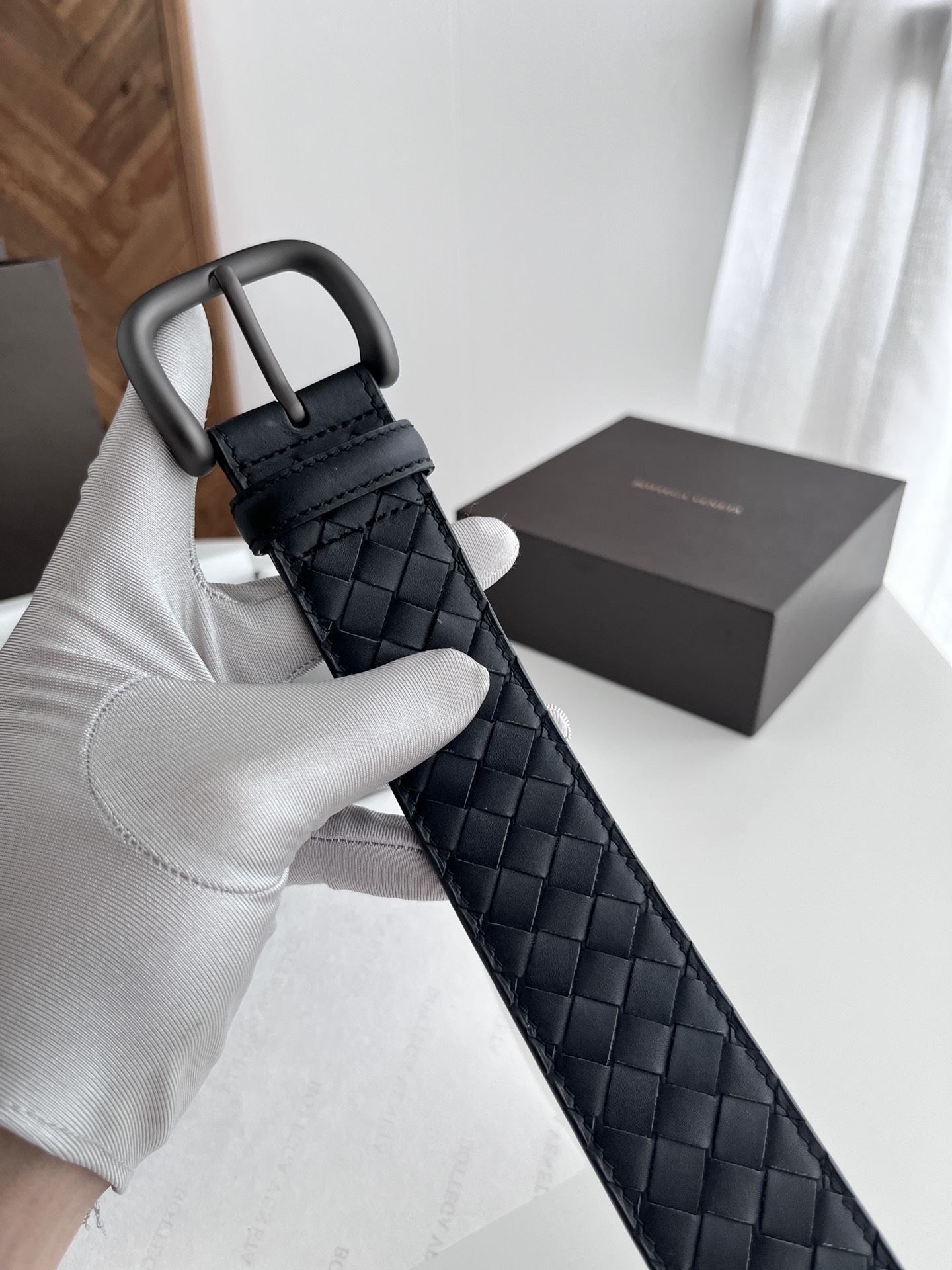 Bottega Veneta Male Leather Belt Cow Leather Black Wide Width M