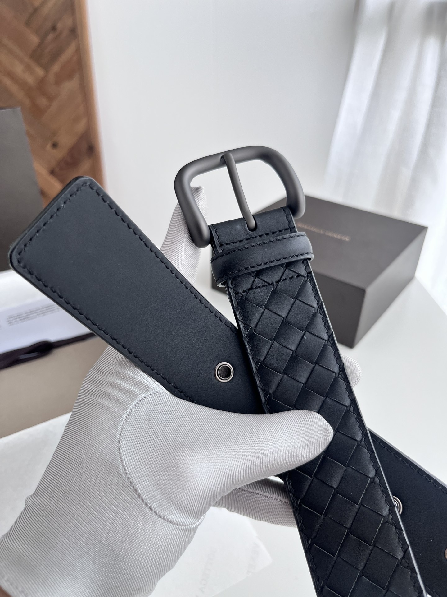 Bottega Veneta Male Leather Belt Cow Leather Black Wide Width M