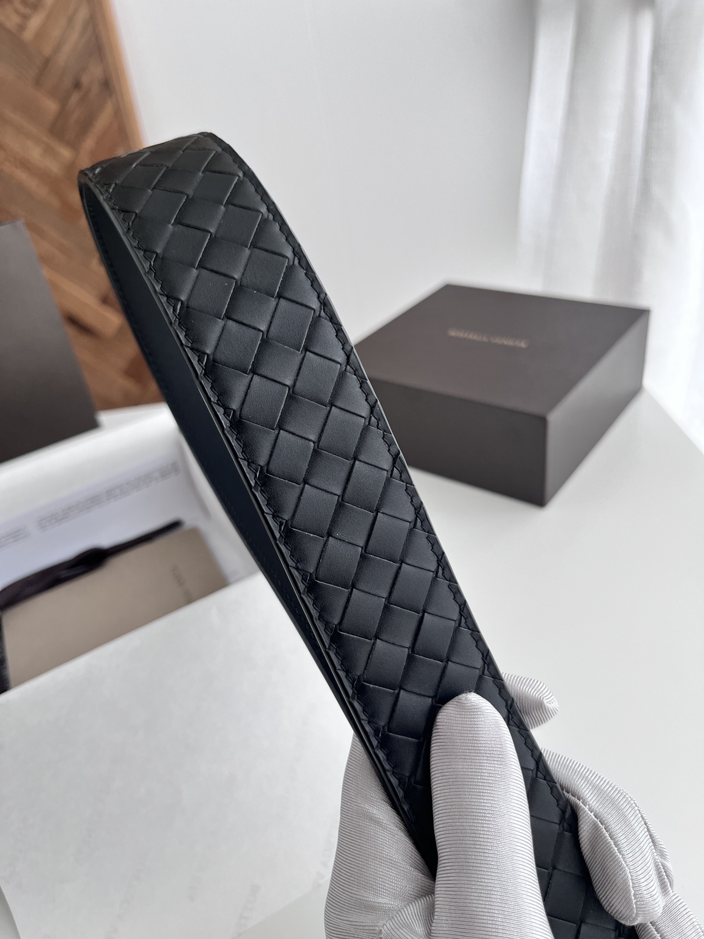 Bottega Veneta Male Leather Belt Cow Leather Black Wide Width M