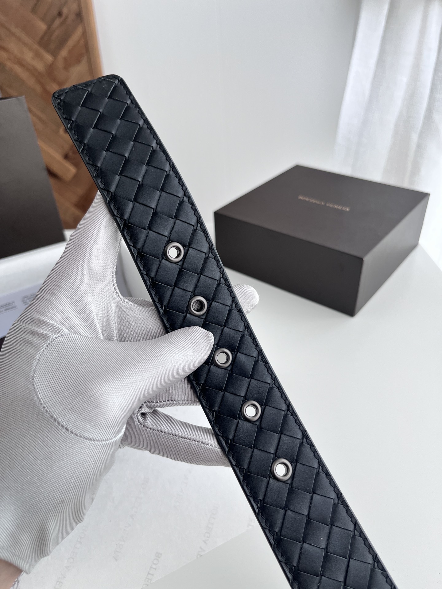 Bottega Veneta Male Leather Belt Cow Leather Black Wide Width M