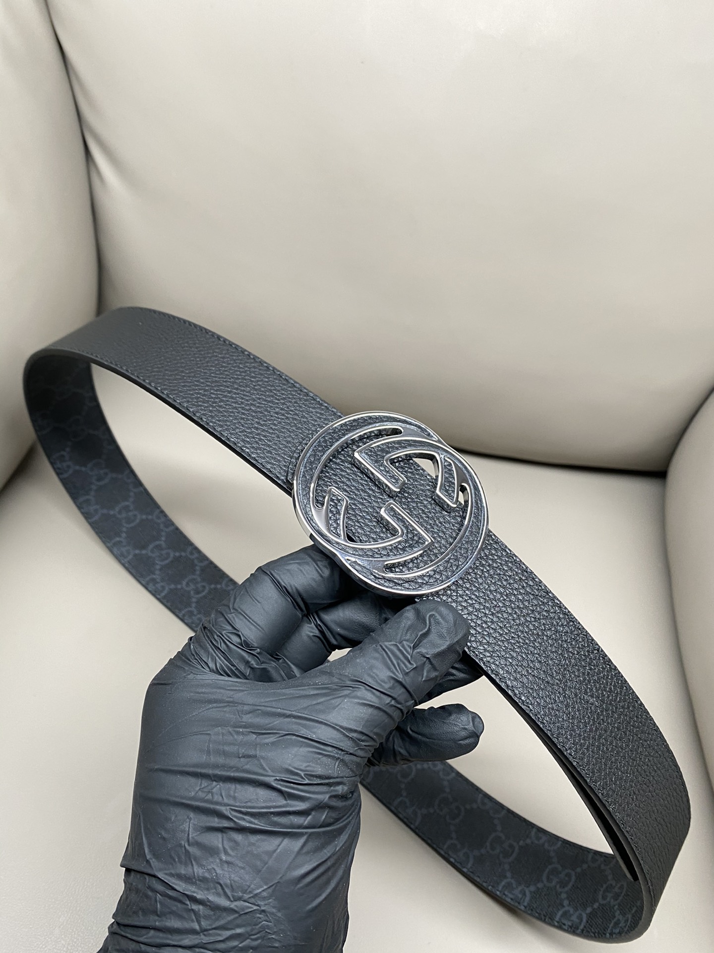 Gucci Canvas Belt Cow Leather Black S-m