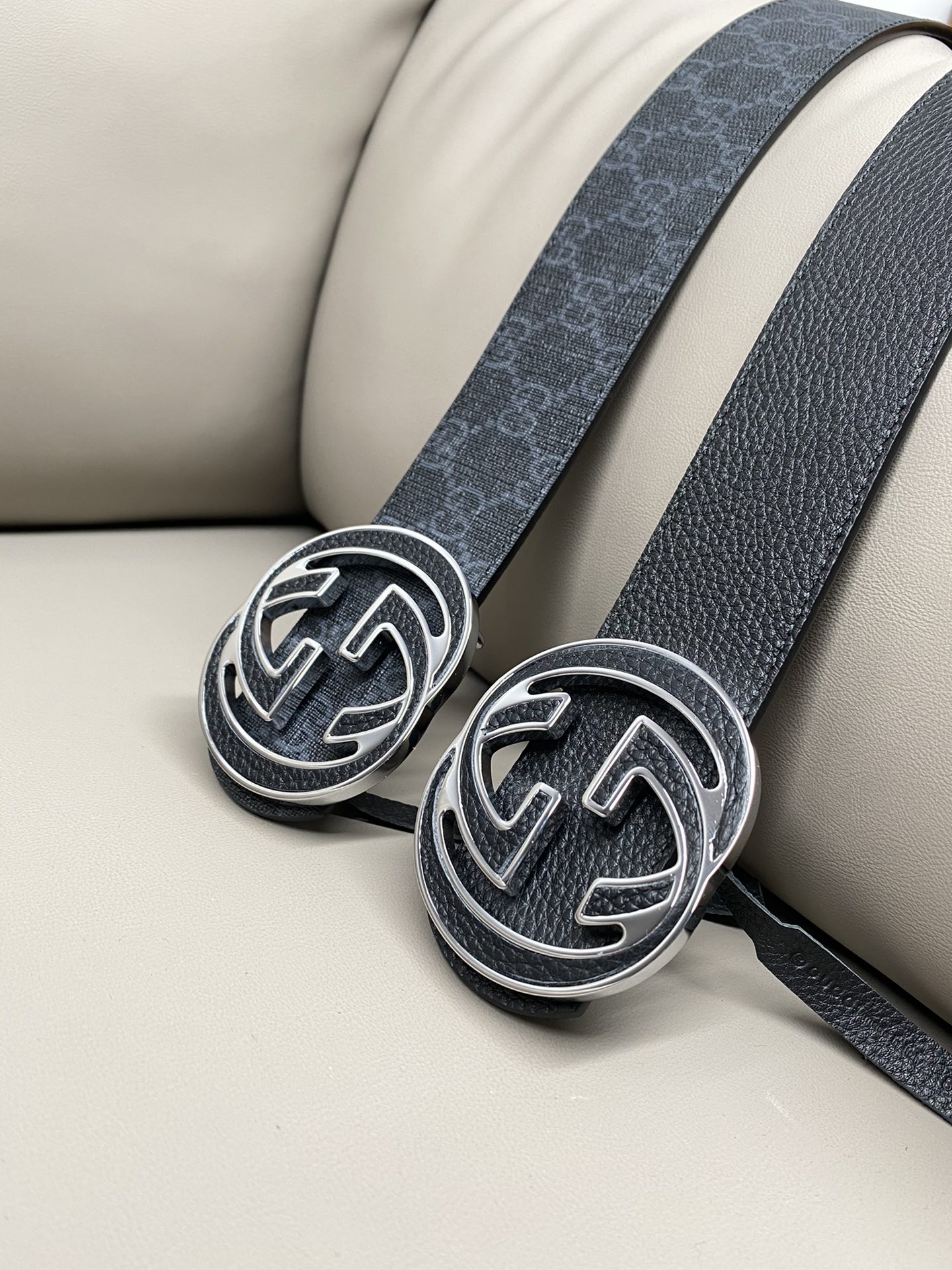 Gucci Canvas Belt Cow Leather Black S-m