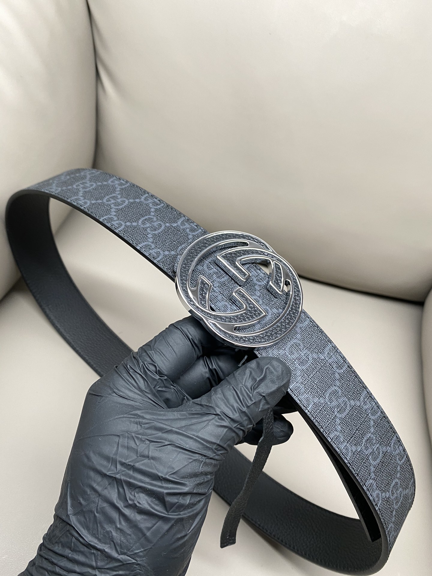 Gucci Canvas Belt Cow Leather Black S-m